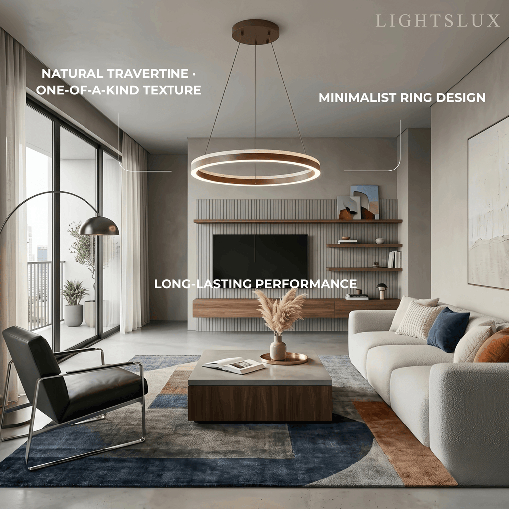 Minimalist Ring Chandelier – Travertine & Wood Walnut Beige for Dining Room - Flindria