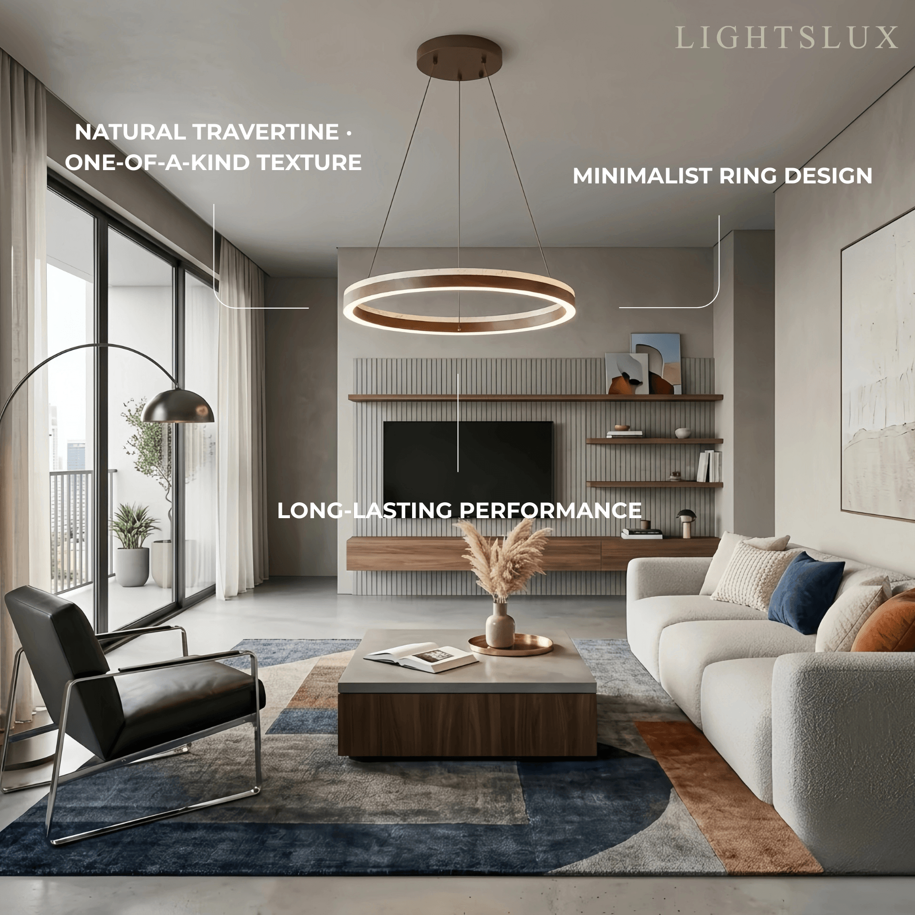 Minimalist Ring Chandelier – Travertine & Wood Walnut Beige for Dining Room - Flindria