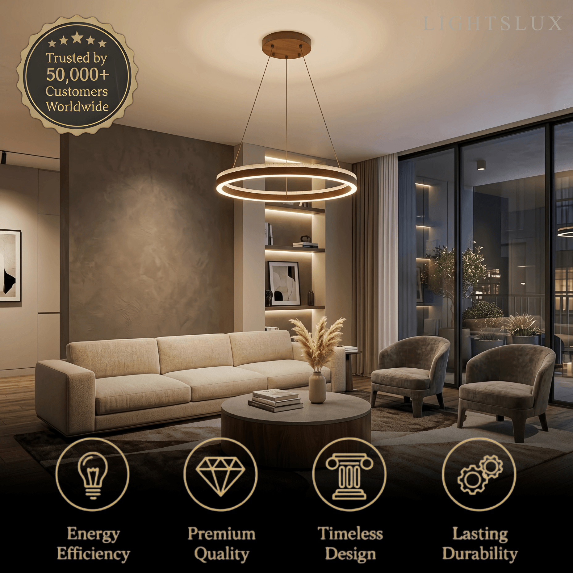 Minimalist Ring Chandelier – Travertine & Wood Walnut Beige for Dining Room - Flindria