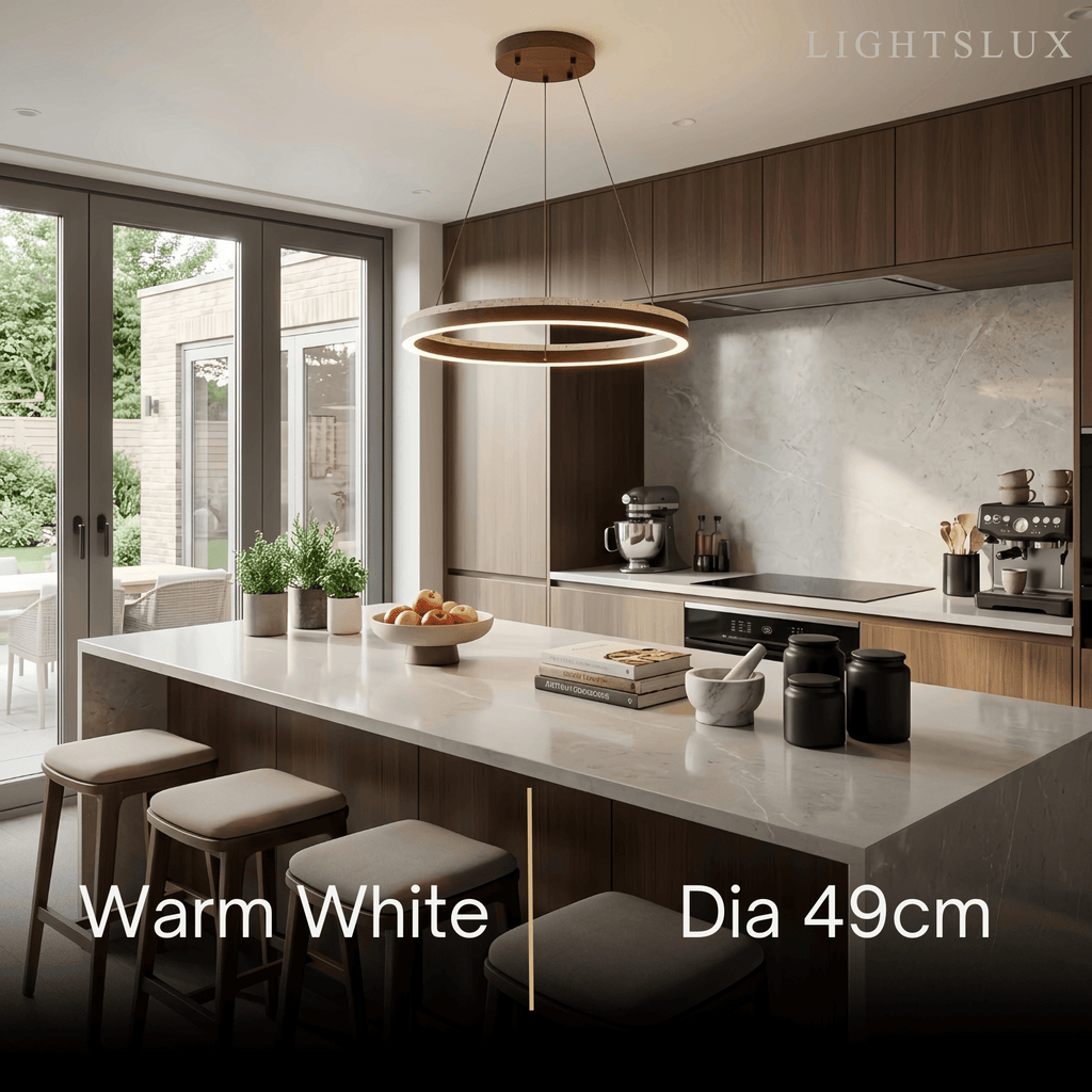 Minimalist Ring Chandelier – Travertine & Wood Walnut Beige for Dining Room - Flindria