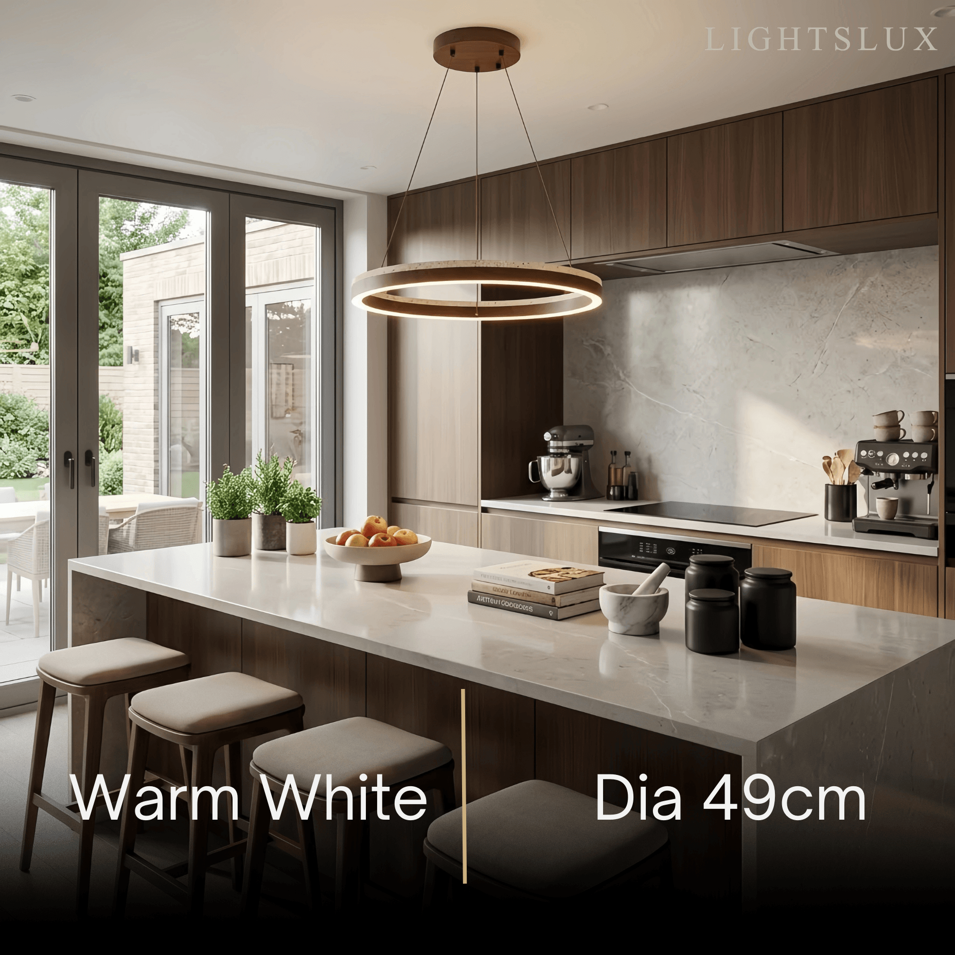 Minimalist Ring Chandelier – Travertine & Wood Walnut Beige for Dining Room - Flindria