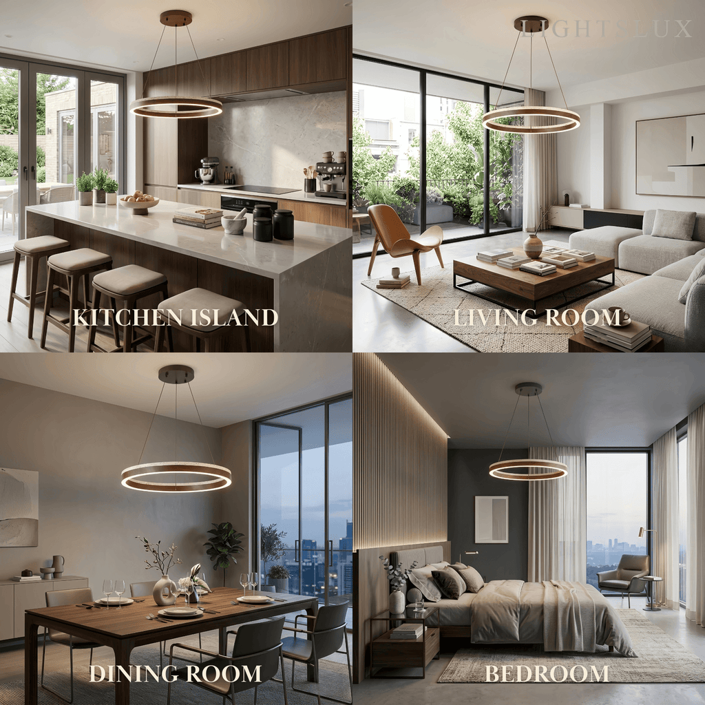 Minimalist Ring Chandelier – Travertine & Wood Walnut Beige for Dining Room - Flindria