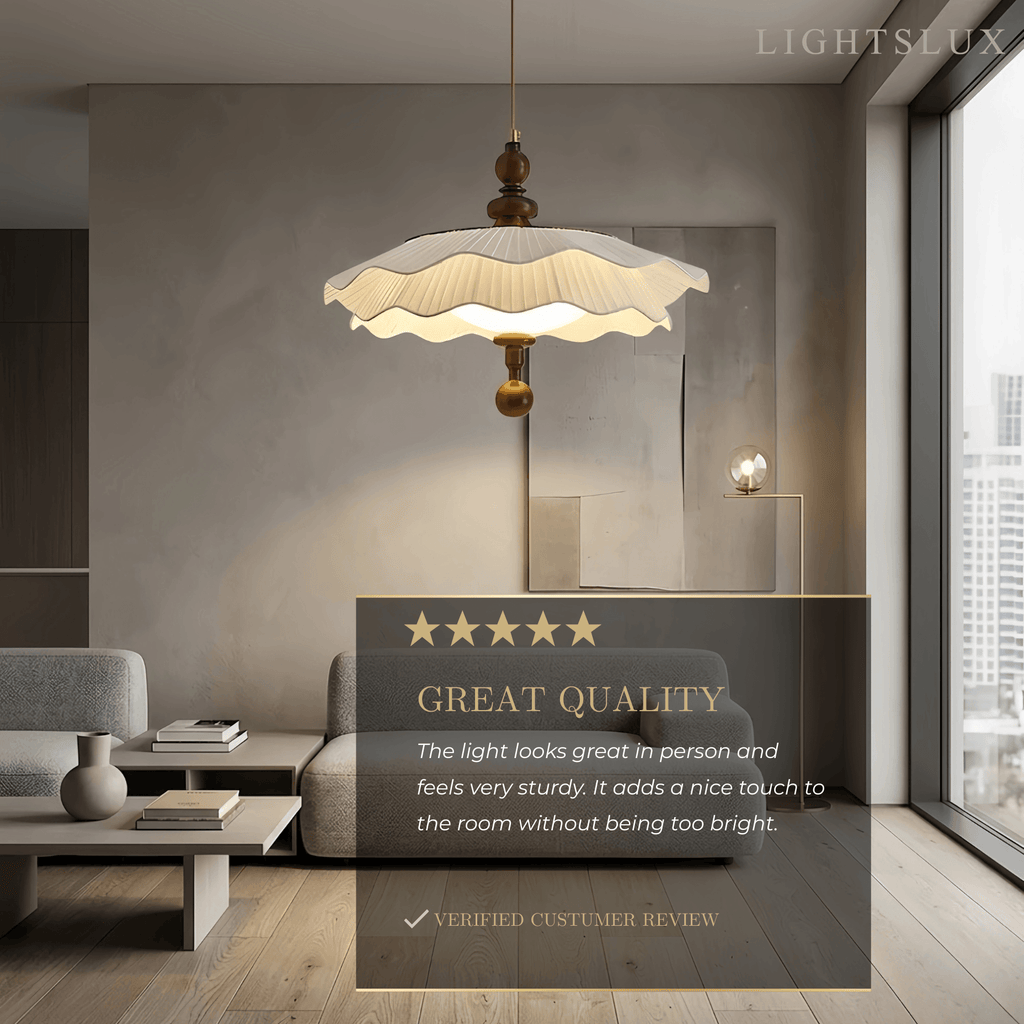 Lampada a sospensione in tessuto plissettato moderna – Legno noce bianco per sala da pranzo/camera da letto - Flindria