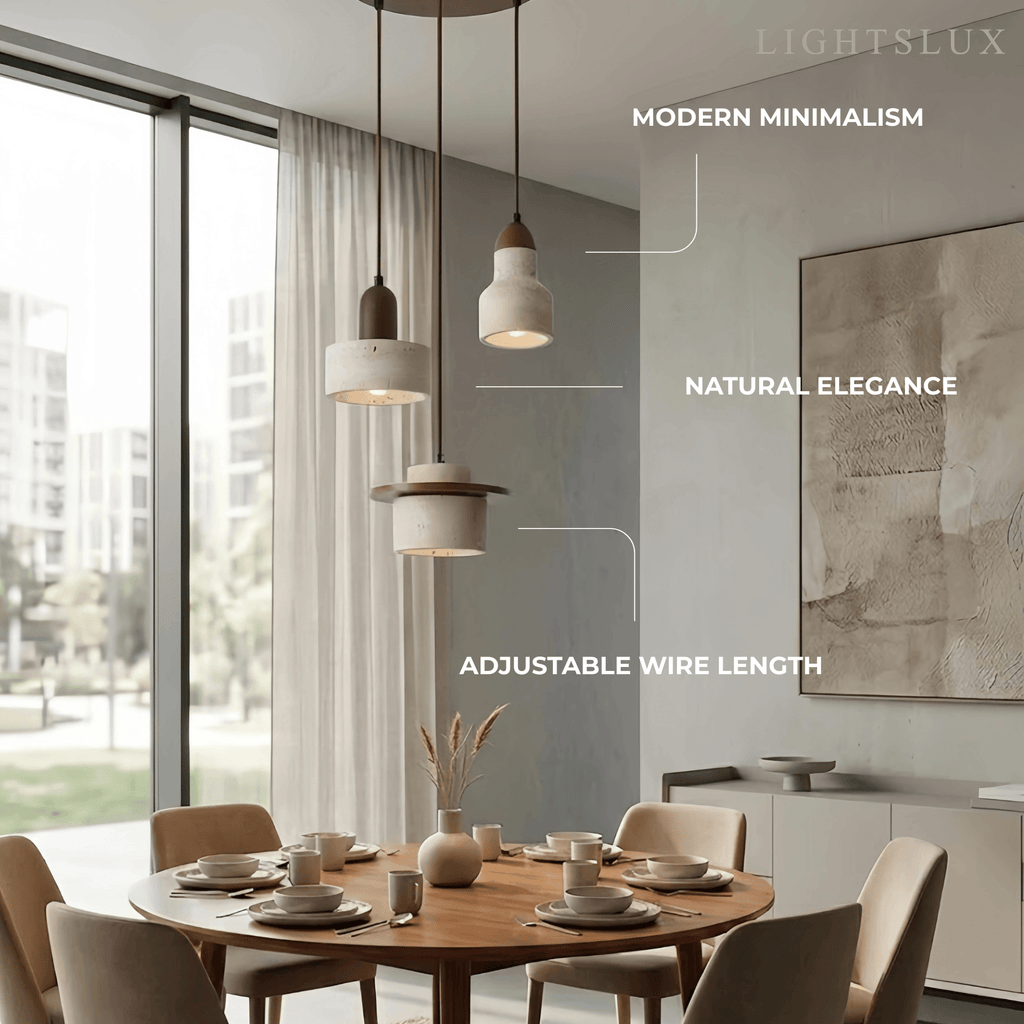 Minimalistische Multi-Licht Hanglamp – Travertijn & Notenhout Beige voor Eetkamer - Flindria