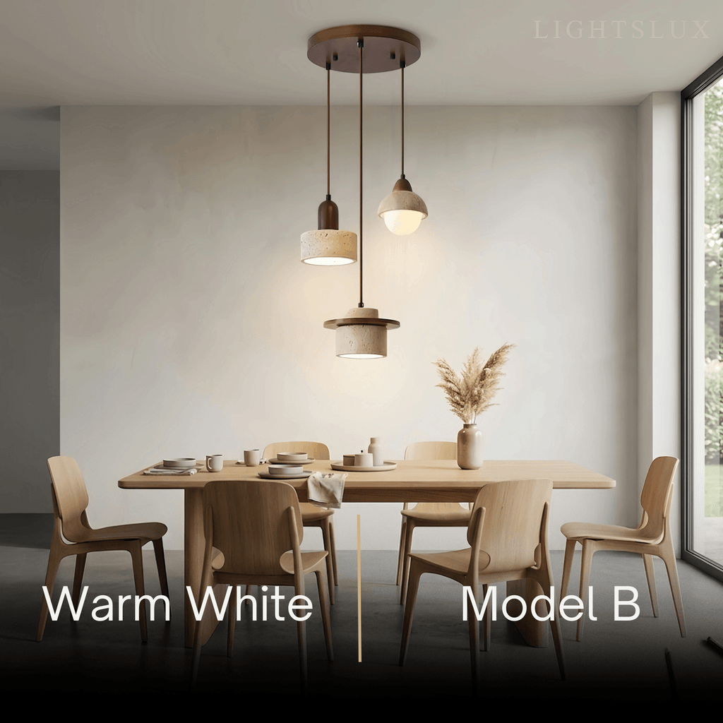Minimalistische Multi-Licht Hanglamp – Travertijn & Notenhout Beige voor Eetkamer - Flindria