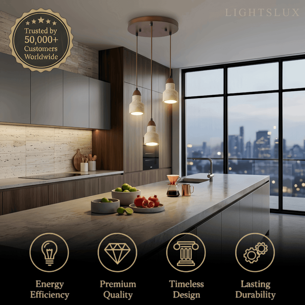 Minimalistische Multi-Licht Hanglamp – Travertijn & Notenhout Beige voor Eetkamer - Flindria