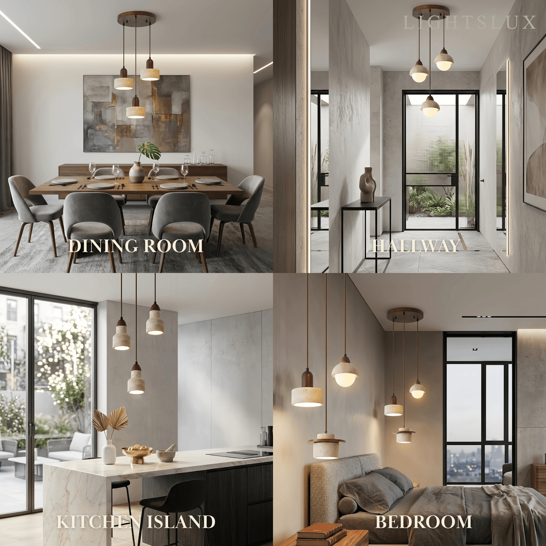 Minimalistische Multi-Licht Hanglamp – Travertijn & Notenhout Beige voor Eetkamer - Flindria