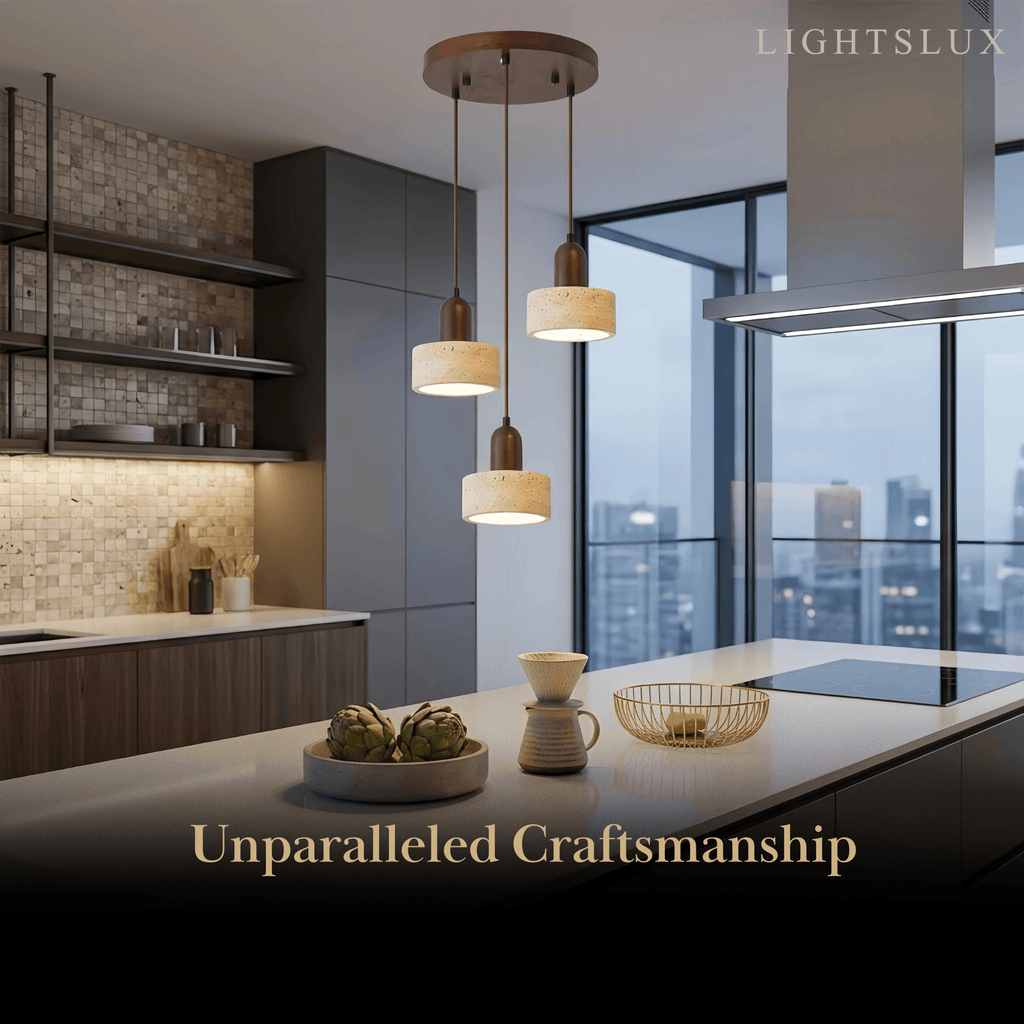 Minimalistische Multi-Licht Hanglamp – Travertijn & Notenhout Beige voor Eetkamer - Flindria