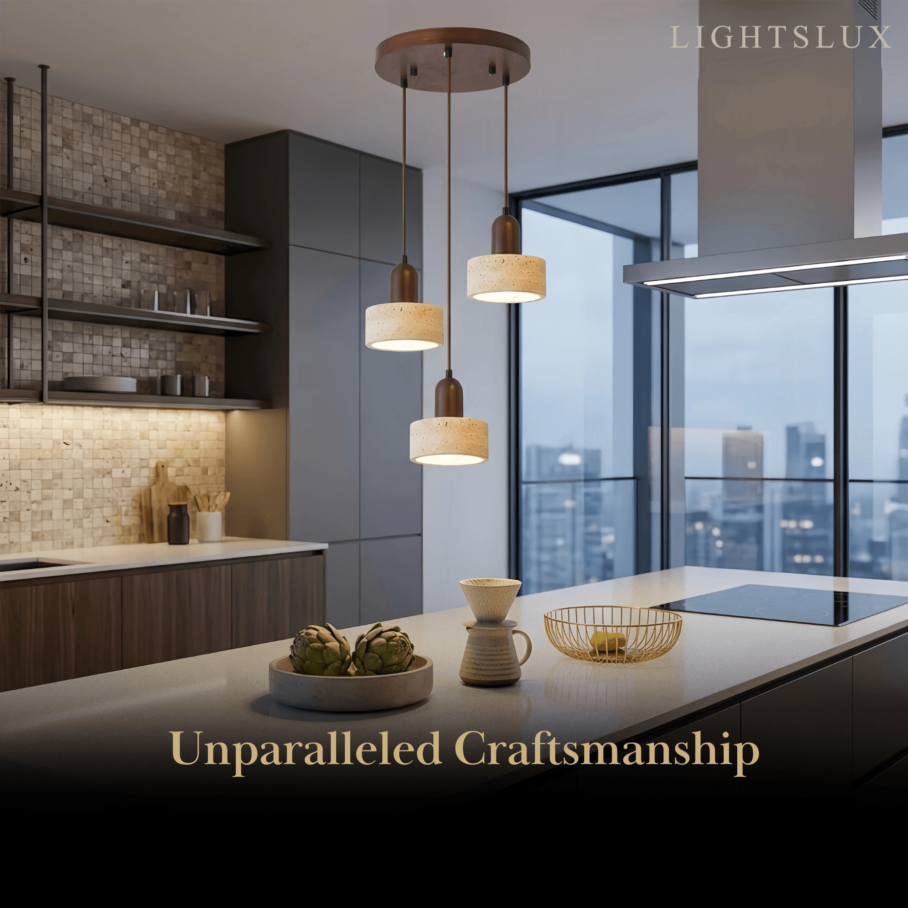 Minimalistische Multi-Licht Hanglamp – Travertijn & Notenhout Beige voor Eetkamer - Flindria