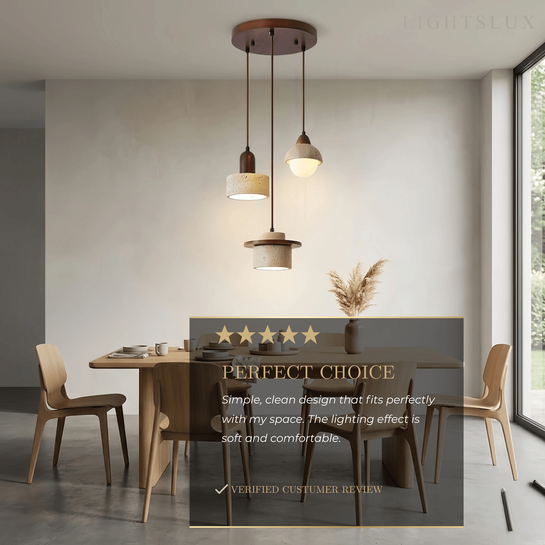 Minimalistische Multi-Licht Hanglamp – Travertijn & Notenhout Beige voor Eetkamer - Flindria