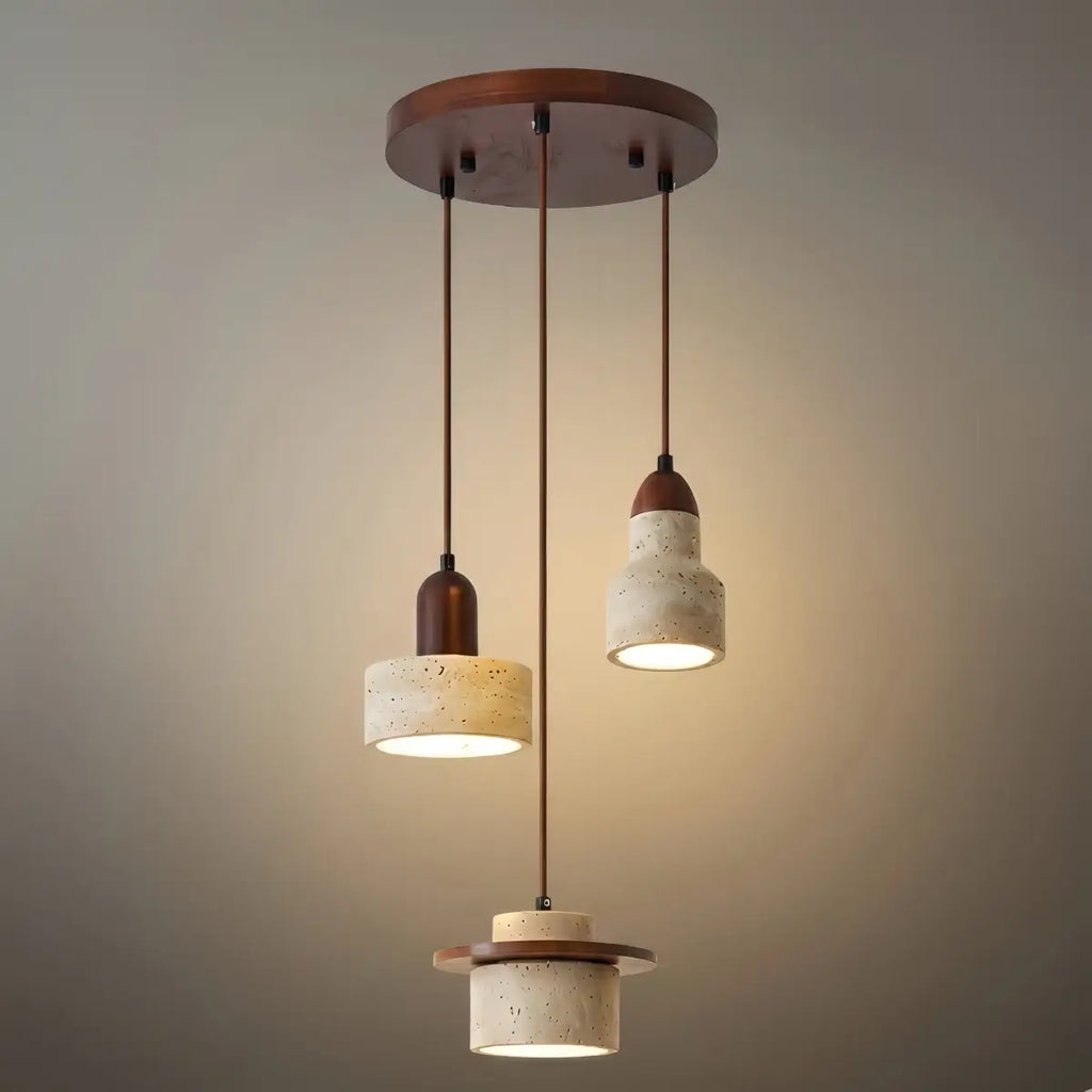 Minimalistische Multi-Licht Hanglamp – Travertijn & Notenhout Beige voor Eetkamer - Flindria
