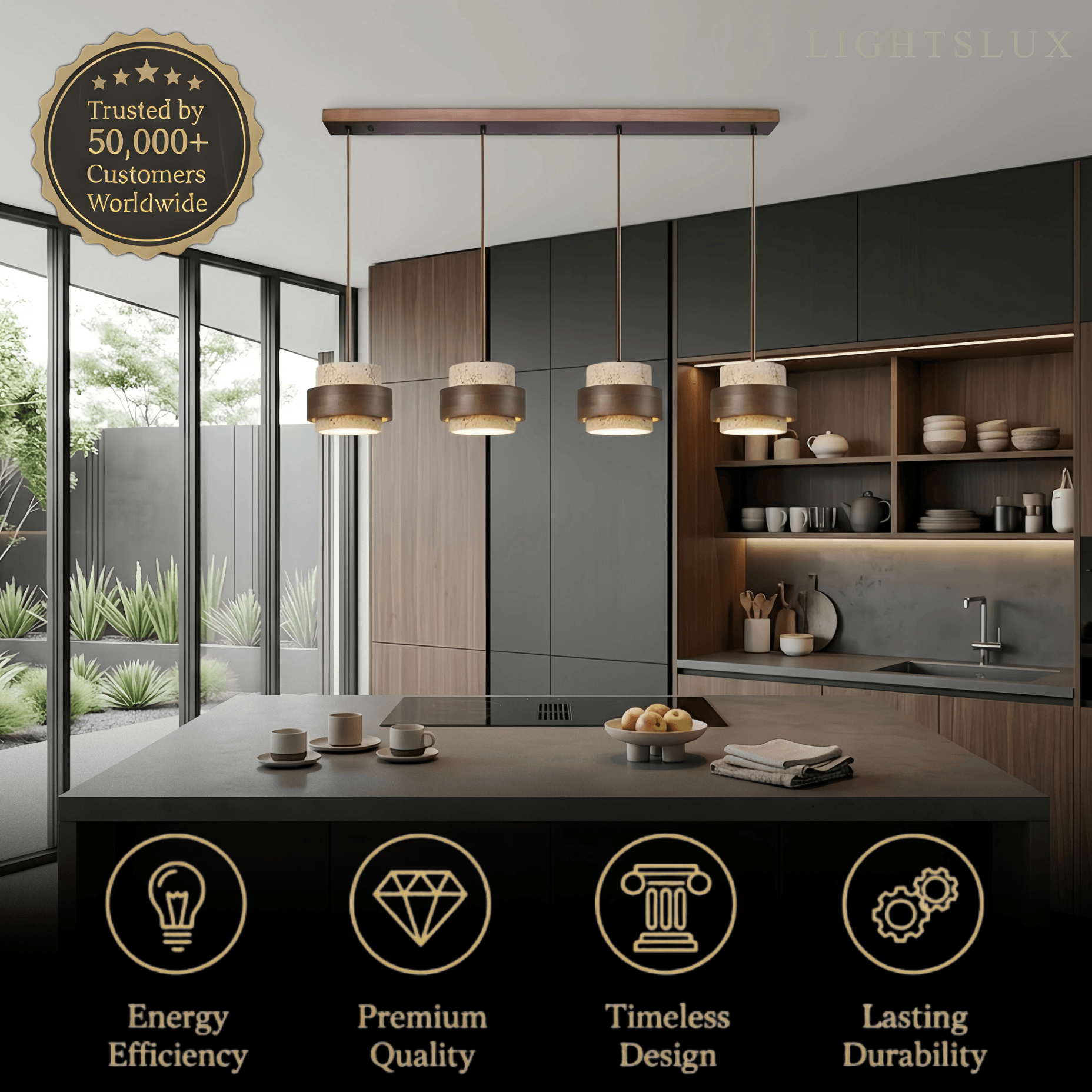Modern Travertine Pendant Light — Walnut Wood for Dining Room - Flindria