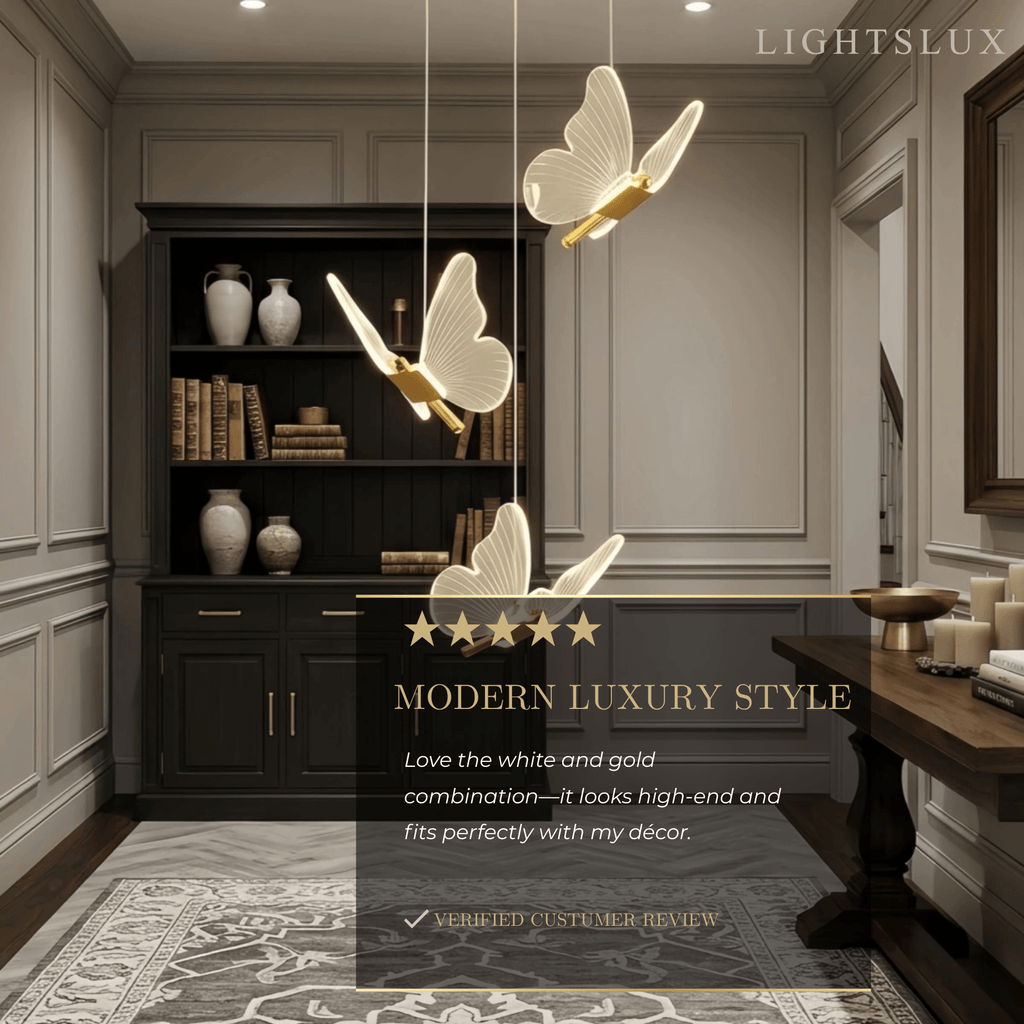 Moderní lehce luxusní závěsný lustr – kov a akryl s motýlím designem do jídelny - Flindria