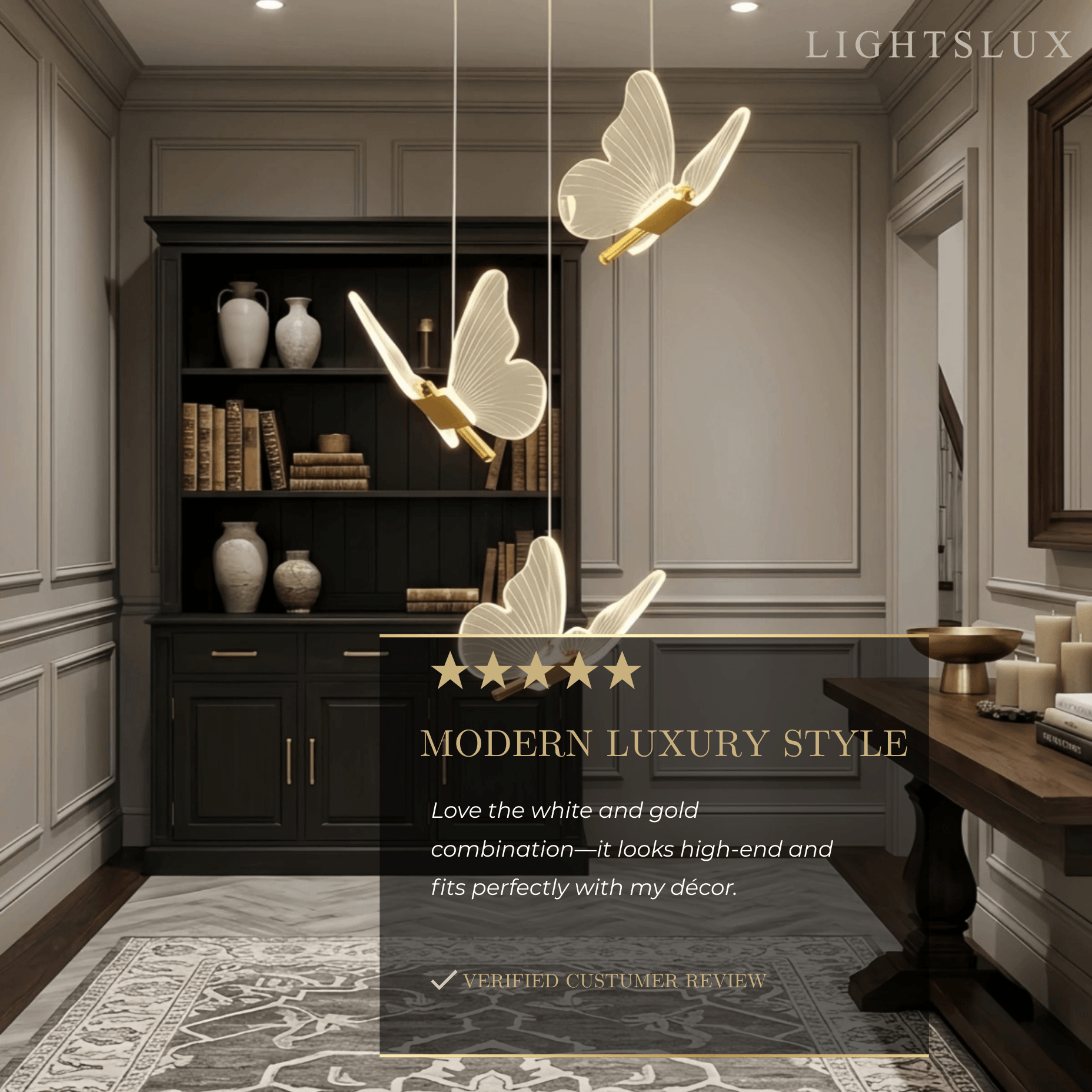 Moderní lehce luxusní závěsný lustr – kov a akryl s motýlím designem do jídelny - Flindria