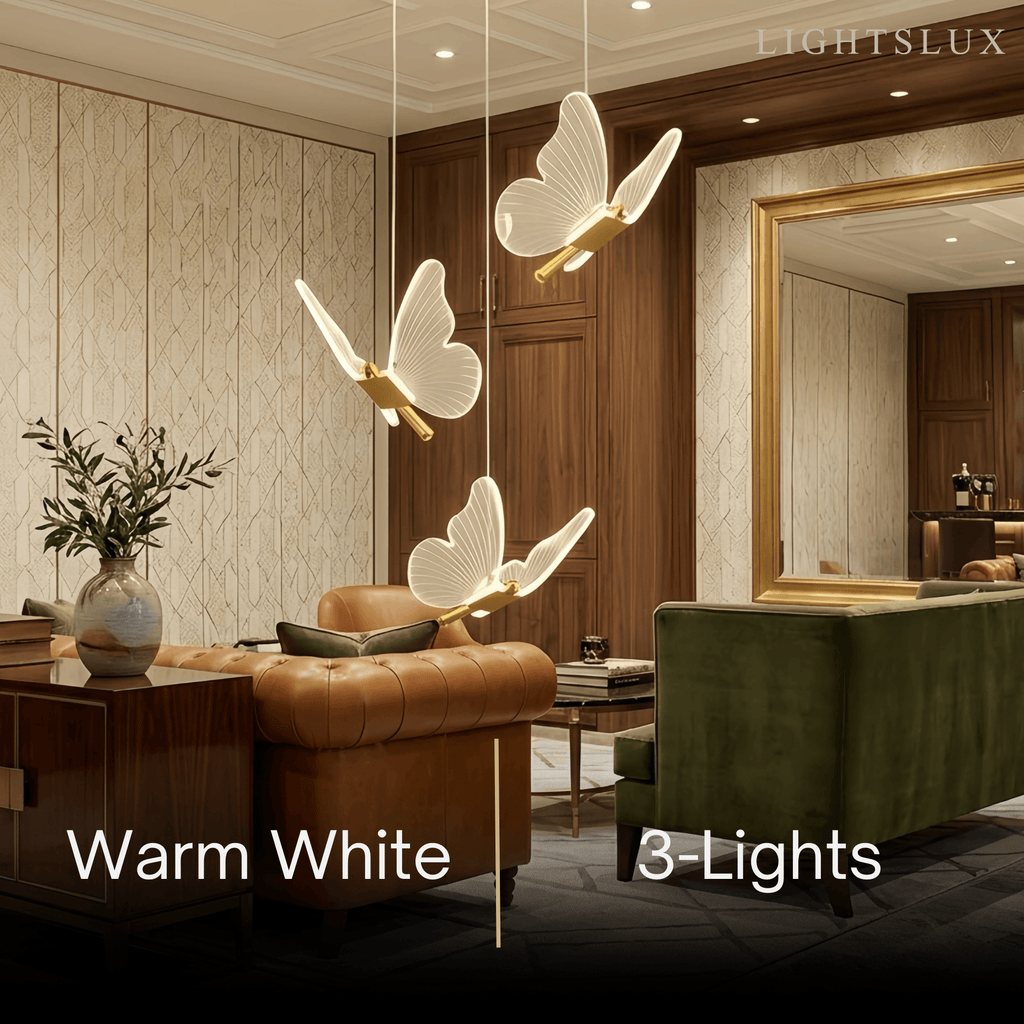 Moderní lehce luxusní závěsný lustr – kov a akryl s motýlím designem do jídelny - Flindria