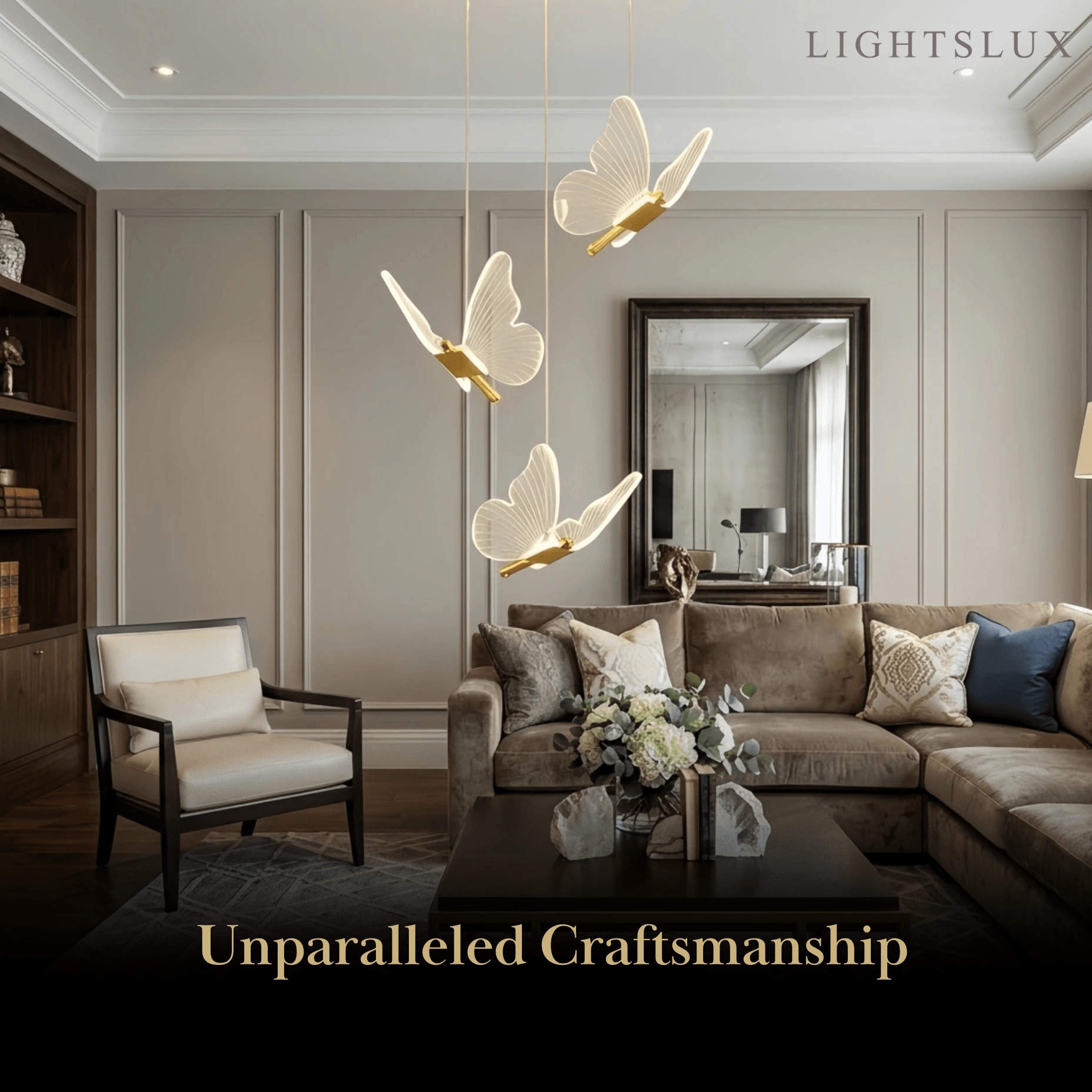 Moderní lehce luxusní závěsný lustr – kov a akryl s motýlím designem do jídelny - Flindria