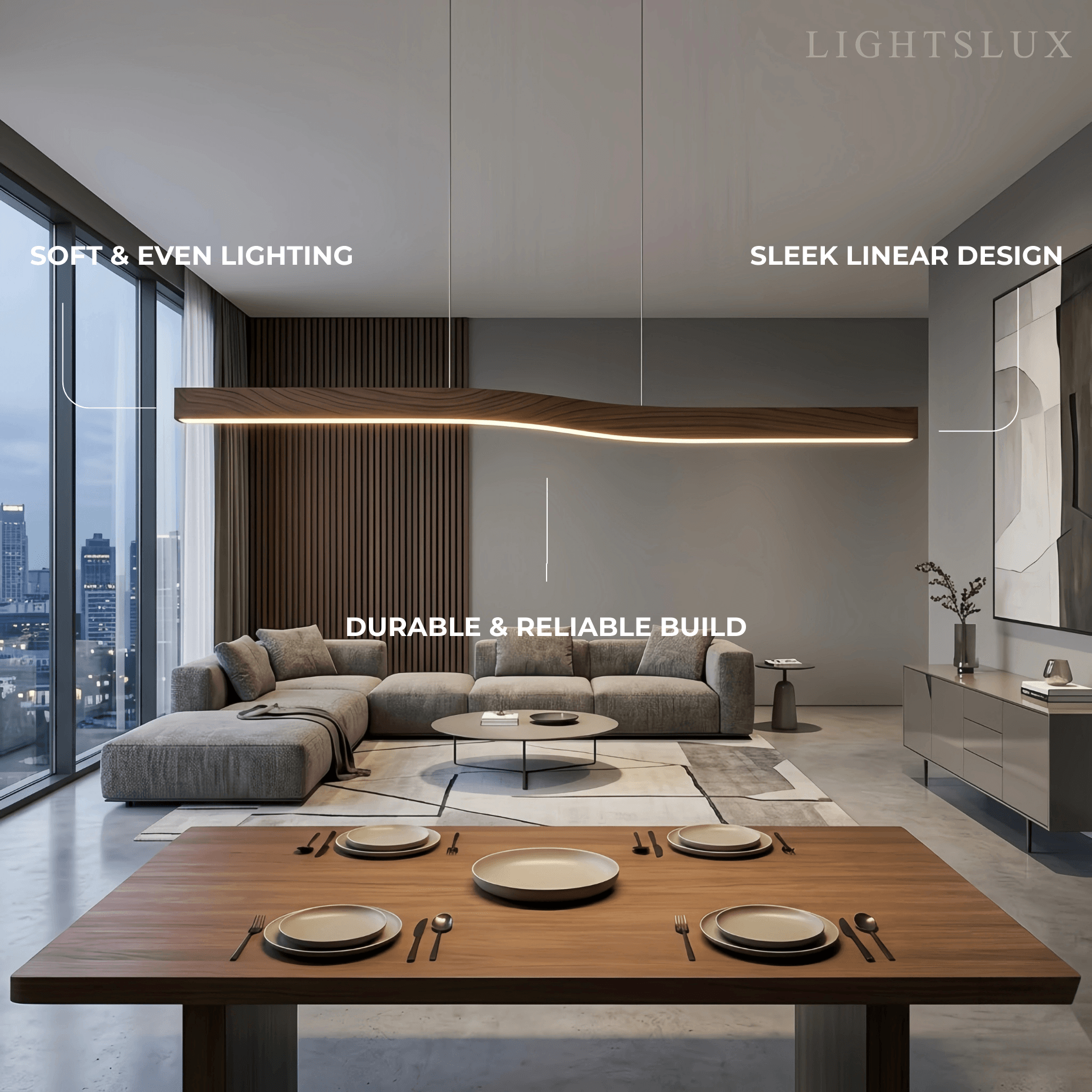 Modern Linear Pendant Light — Metal & Acrylic with Black & Dark Wood for Dining Room Living Room - Flindria
