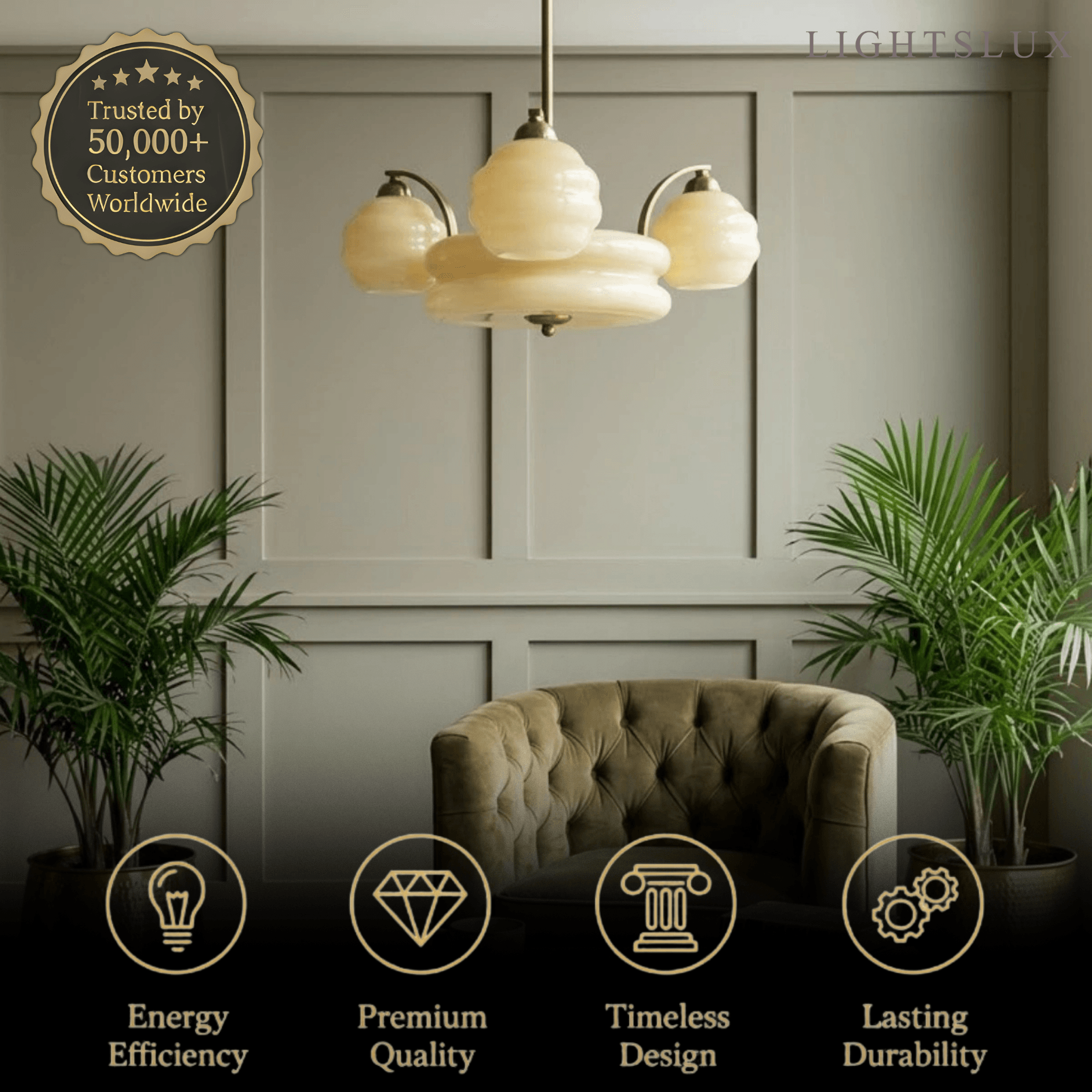 Vintage Glass Chandelier — Gold/Chrome for Living Room/Bedroom - Flindria