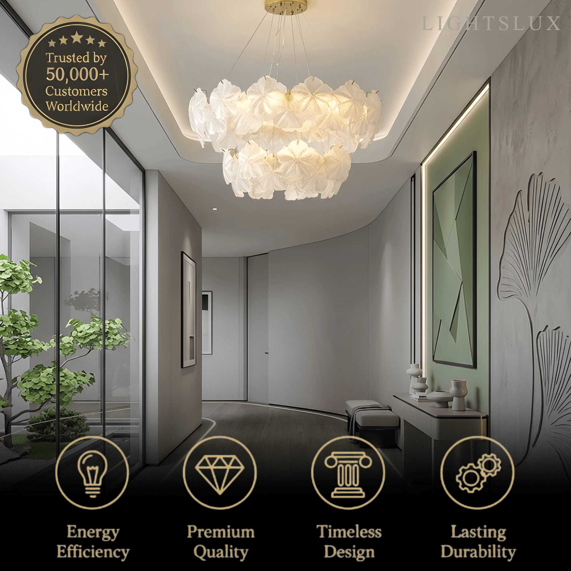 Candelabro moderno – Metal y vidrio dorado para sala de estar/dormitorio/comedor - Flindria