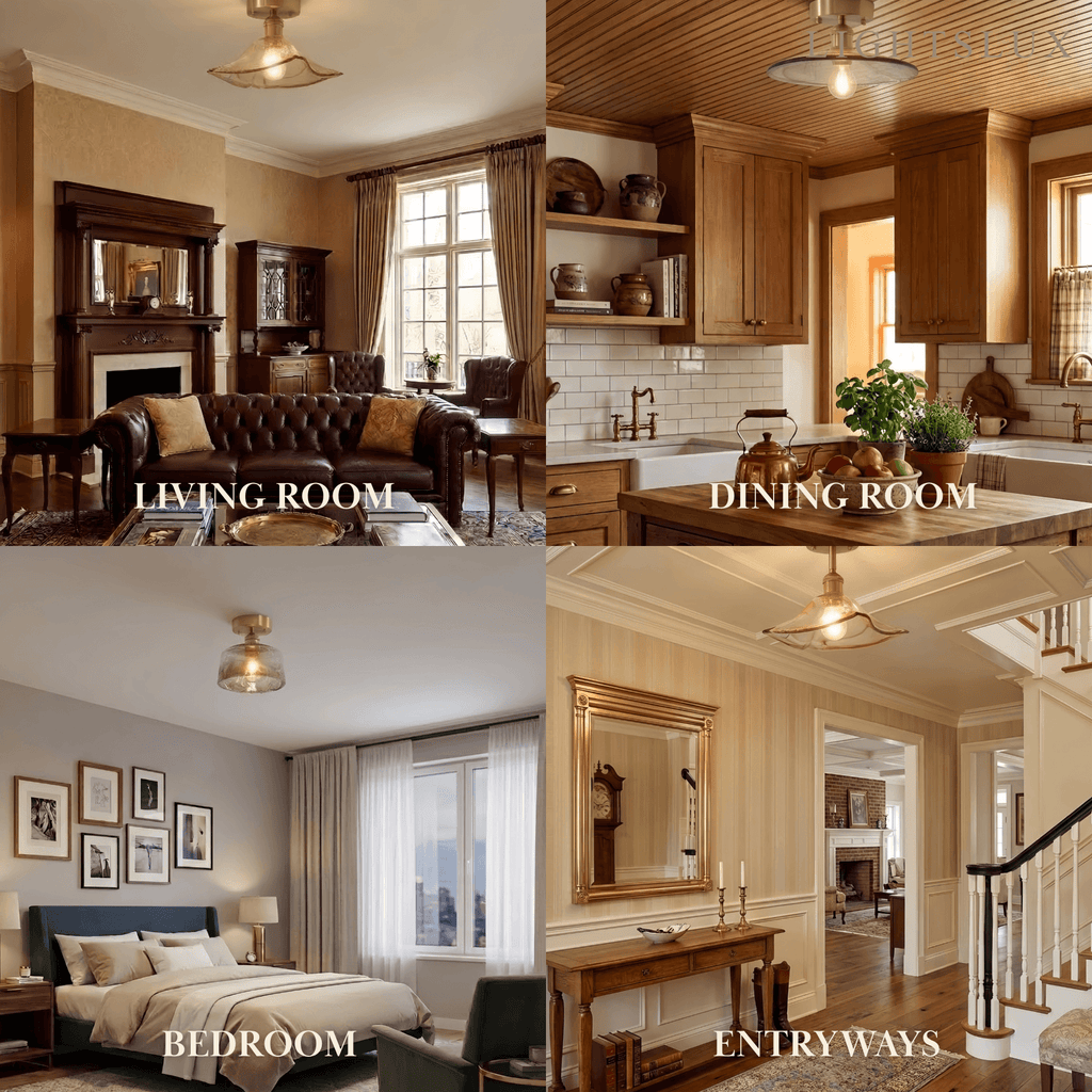 Lampa sufitowa w stylu vintage — Mosiądz i bursztynowe szkło do wejścia w salonie - Flindria