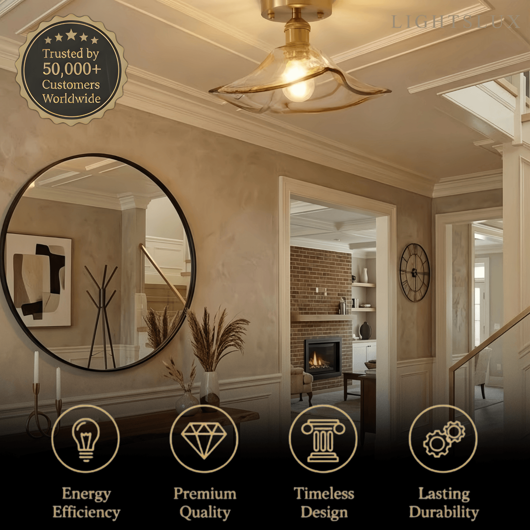 Vintage-Inspired Ceiling Light -- Brass & Amber Glass for Living Room Entryway - Flindria