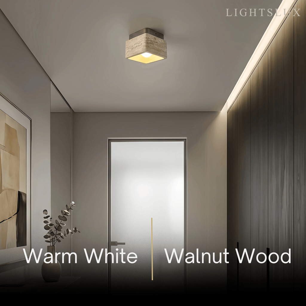 Natural Ceiling Light -- Yellow Travertine & Wood for Entryway Hallway Living Room - Flindria