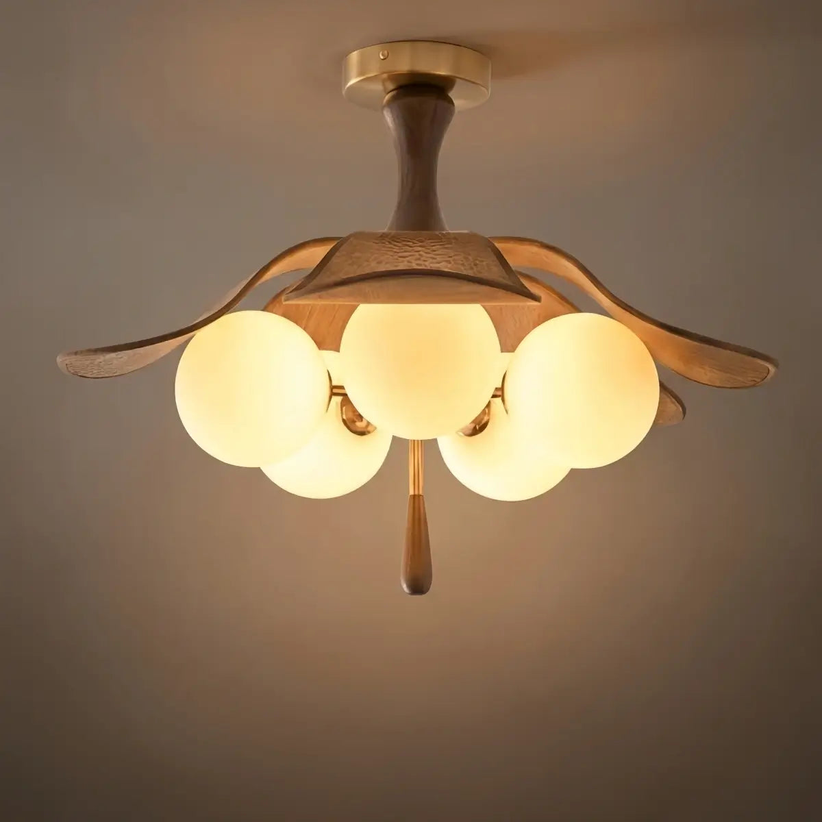 Art Deco Ceiling Light-- Metal, Fabric & Walnut Wood for Living Room - Flindria