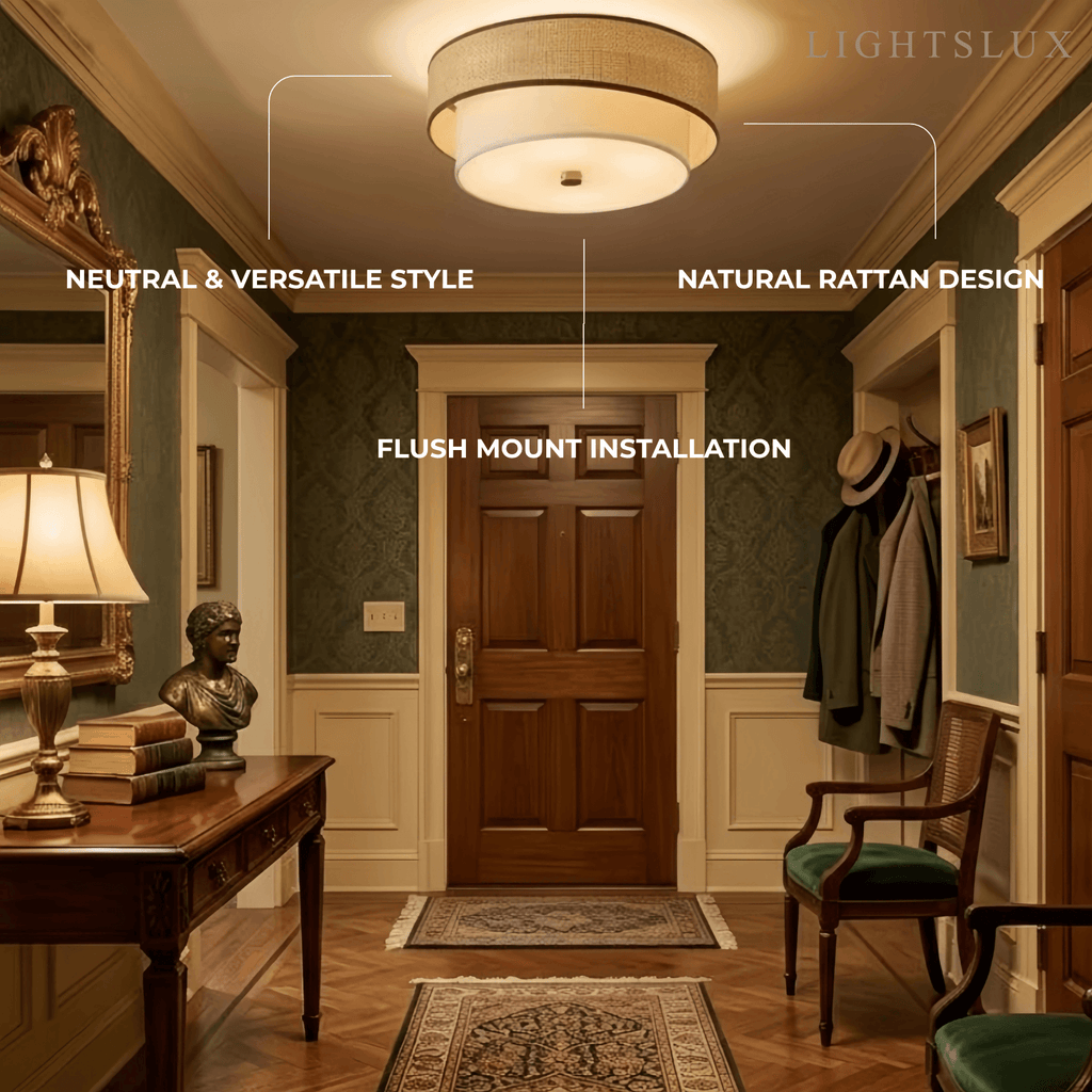Natural Rattan & Fabric Ceiling Light -- Beige & White for Living Room - Flindria