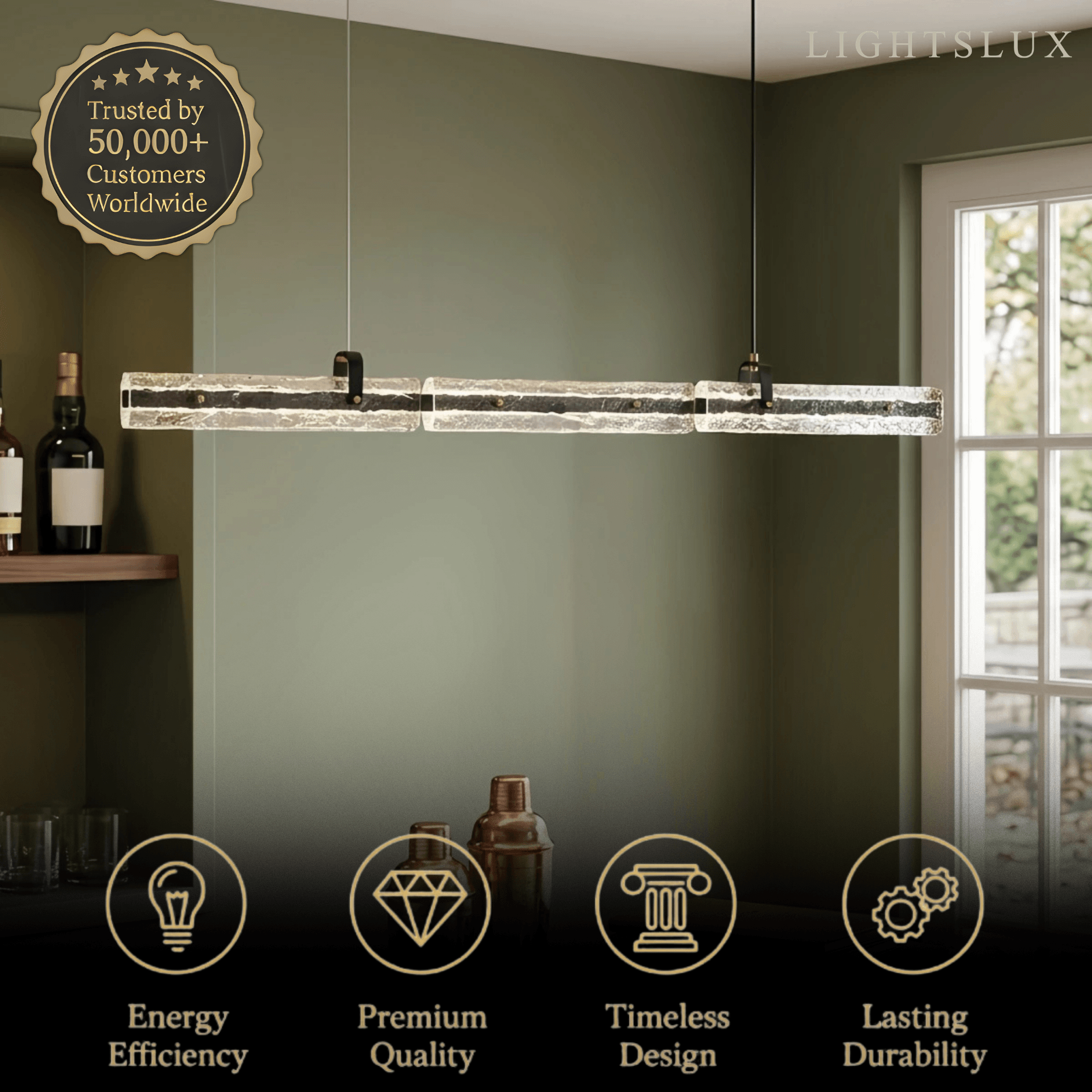 Modern Linear Pendant Light — Metal & Glass for Dining Room/Kitchen Island - Flindria