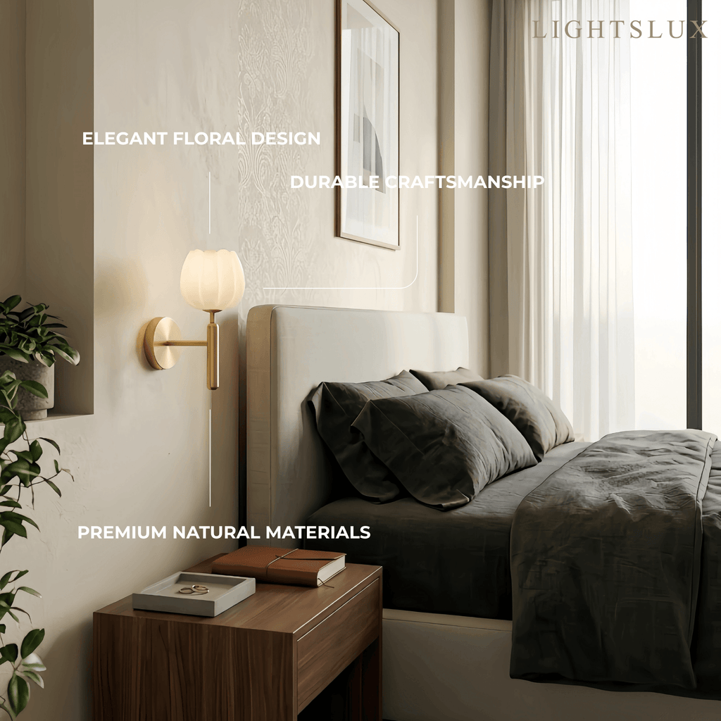 Modern Wall Lamp -- Brass & Alabaster Flowers for Bedroom - Flindria