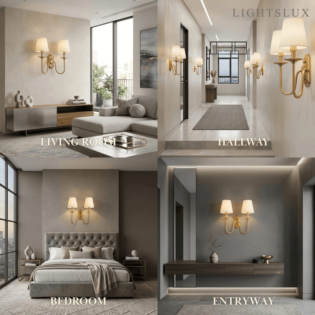 Classic Brass Wall Lamp with White Fabric Bell Shades – for Bedroom or Living Room - Flindria