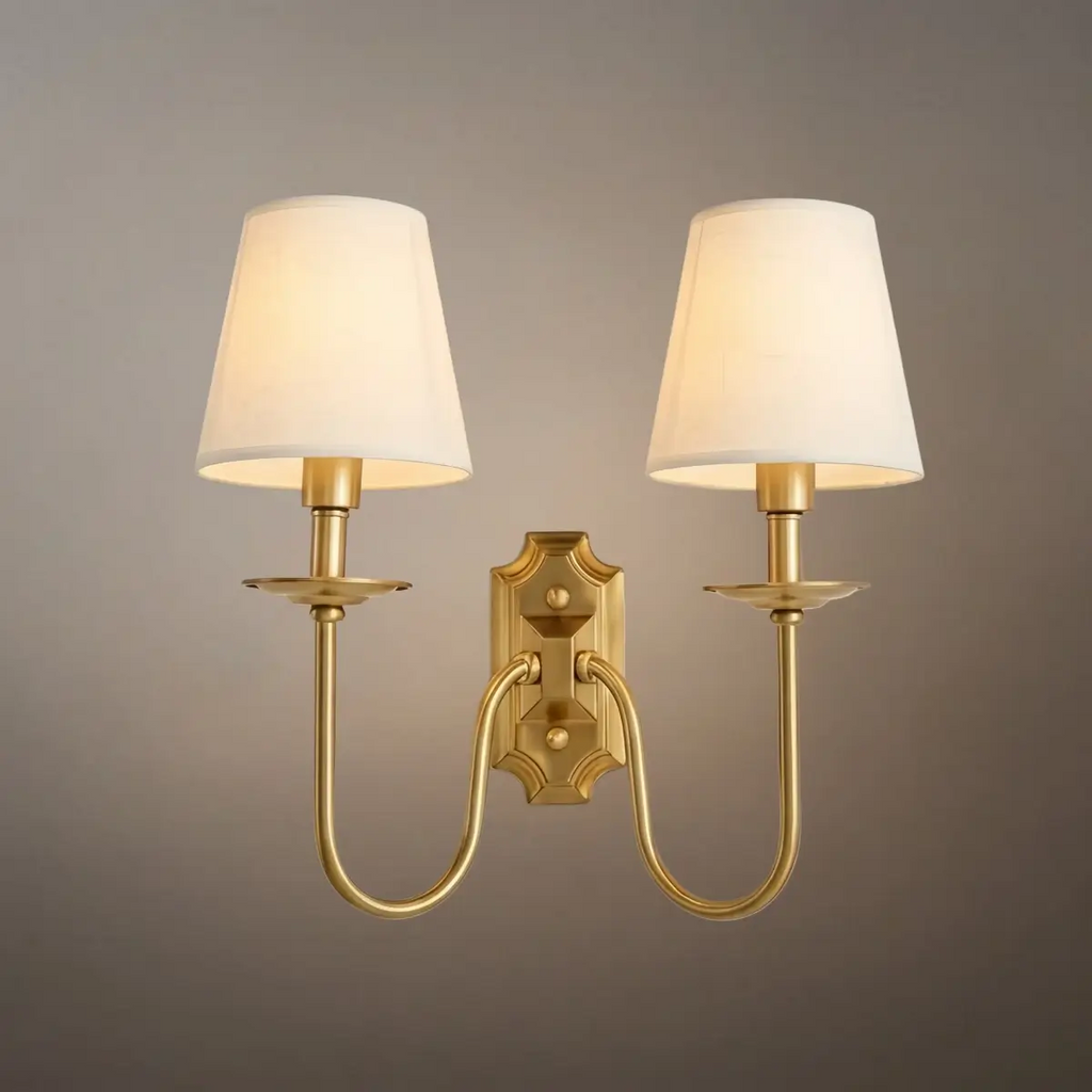 Classic Brass Wall Lamp with White Fabric Bell Shades – for Bedroom or Living Room - Flindria