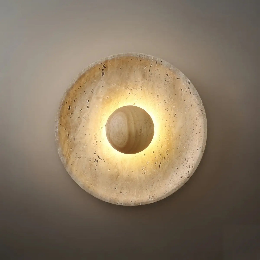 Lámpara de pared minimalista – Travertino amarillo y madera para pasillo, dormitorio, sala de estar - Flindria