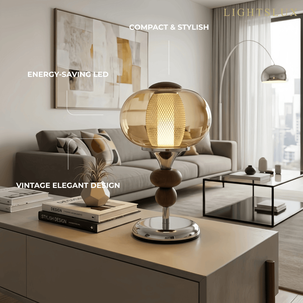 Vintage Table Lamp – Amber Glass & Walnut Wood for Bedroom / Bedside - Flindria