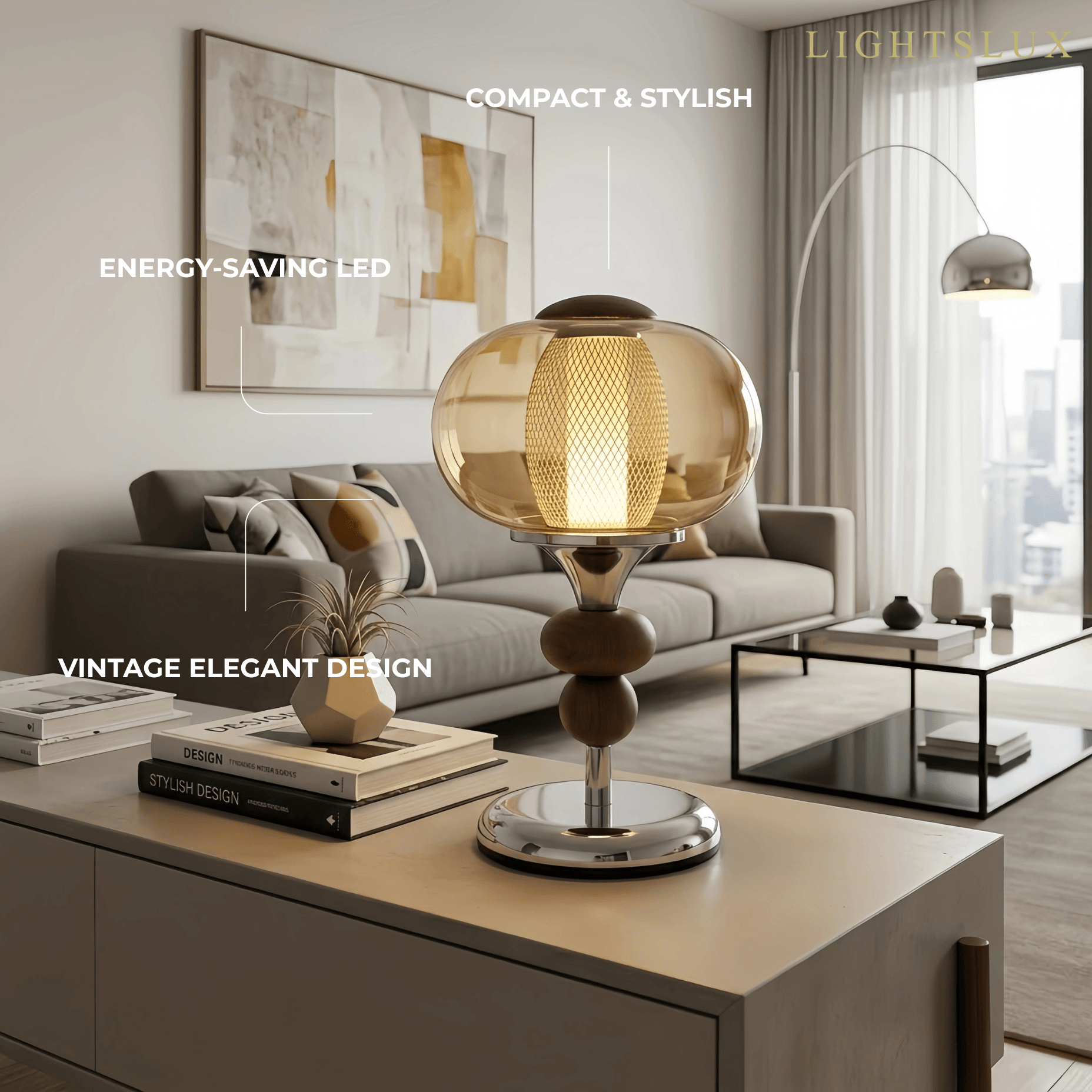 Vintage Table Lamp – Amber Glass & Walnut Wood for Bedroom / Bedside - Flindria