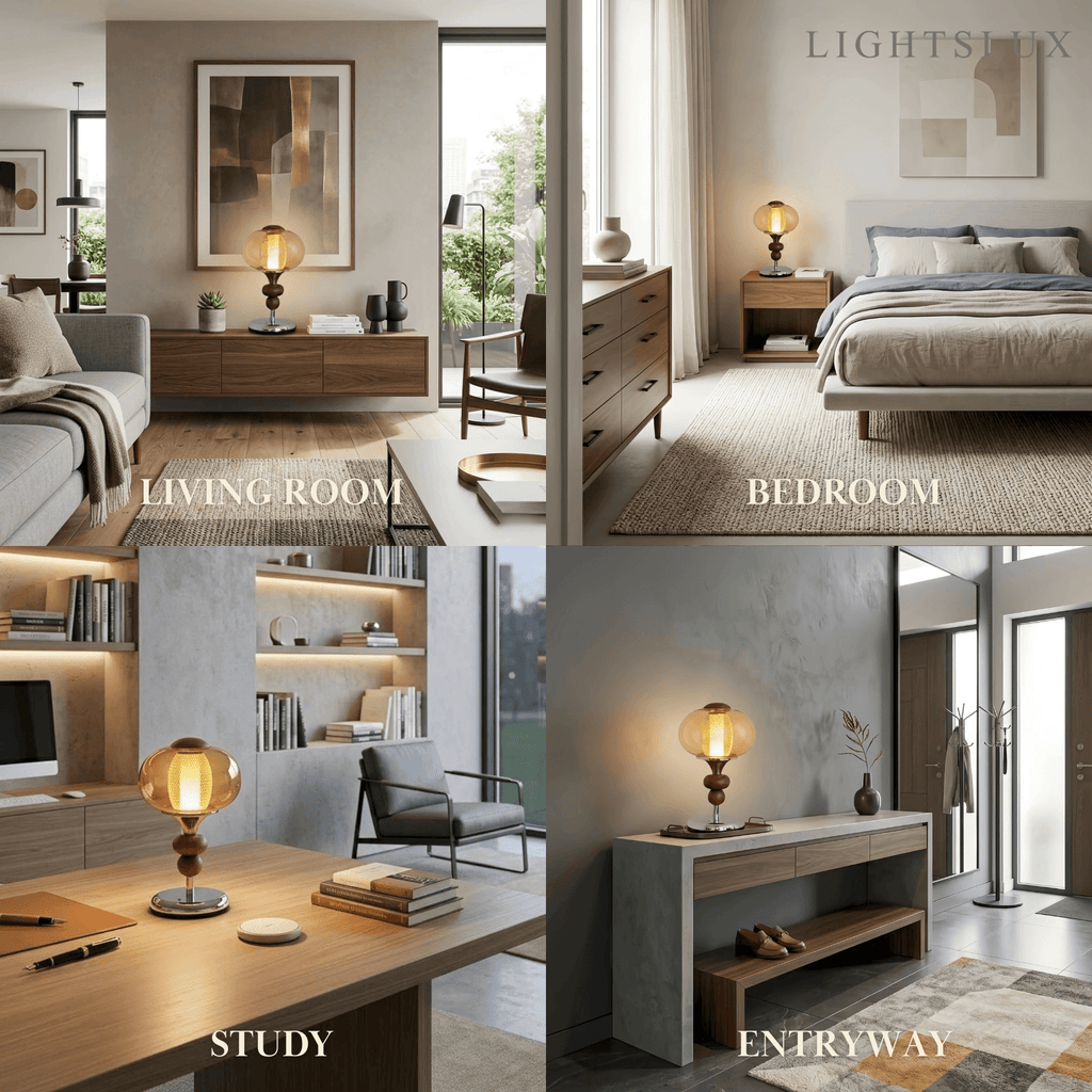 Vintage Table Lamp – Amber Glass & Walnut Wood for Bedroom / Bedside - Flindria