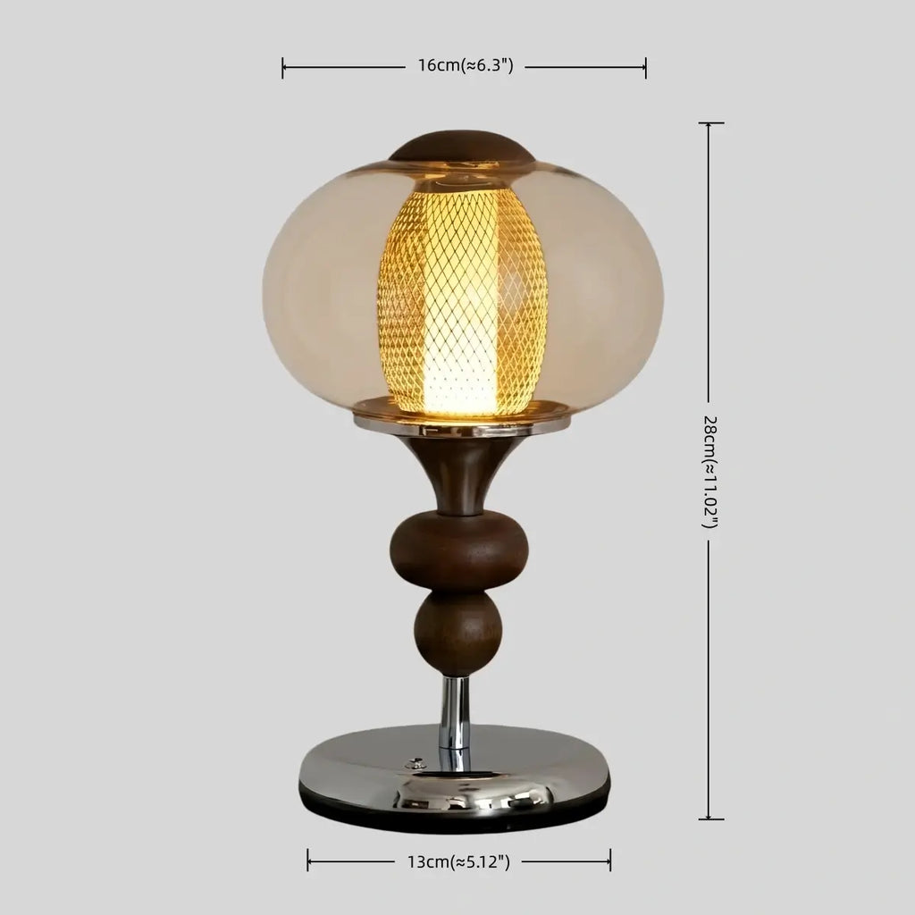 Vintage Table Lamp – Amber Glass & Walnut Wood for Bedroom / Bedside - Flindria
