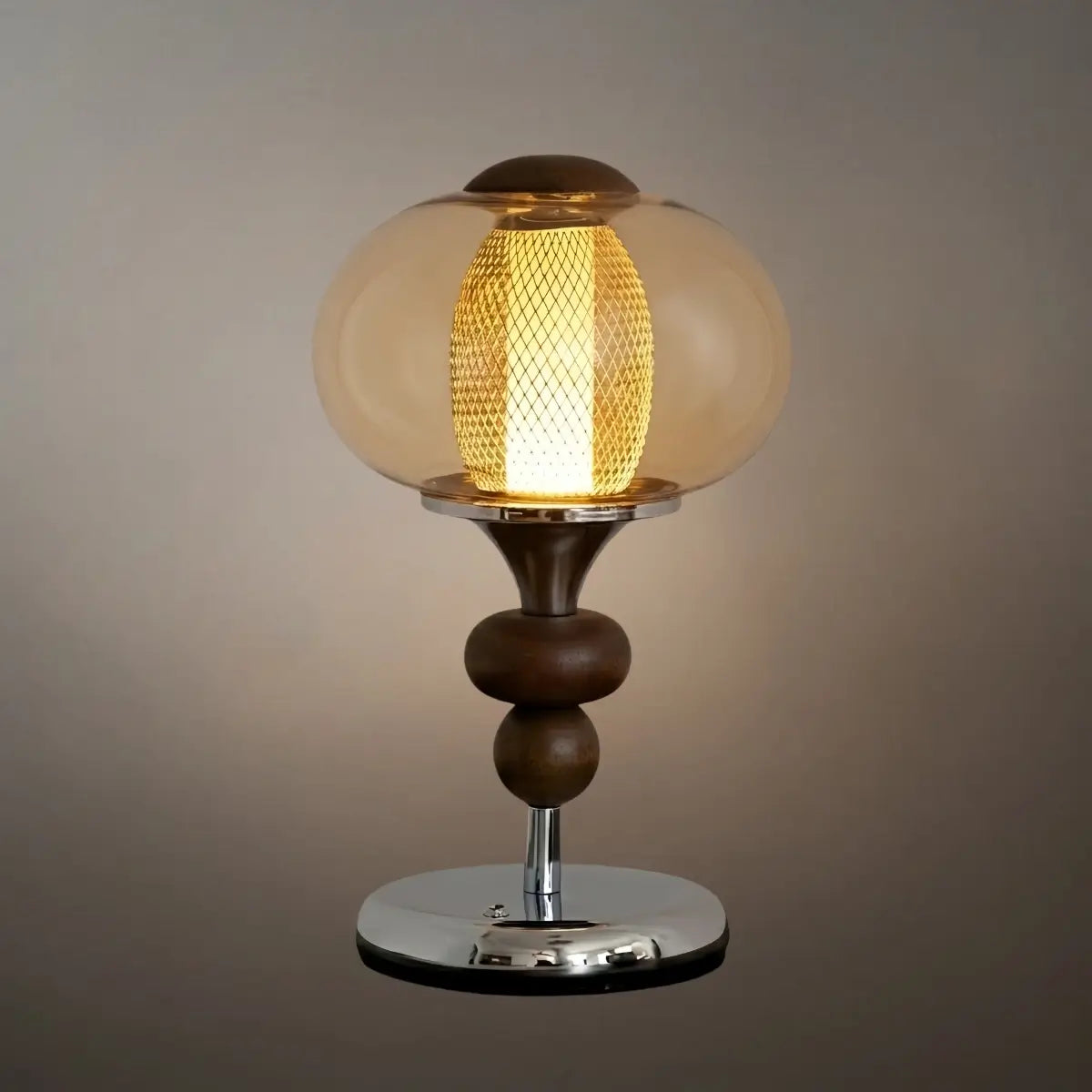 Vintage Table Lamp – Amber Glass & Walnut Wood for Bedroom / Bedside - Flindria
