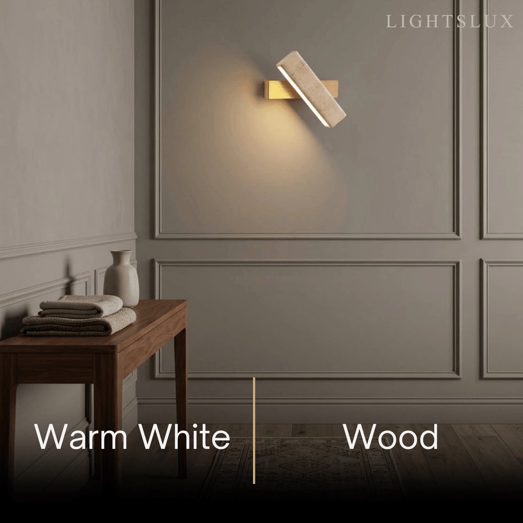 Lámpara de pared minimalista -- Travertino y madera con diseño giratorio de 180° para dormitorio - Flindria