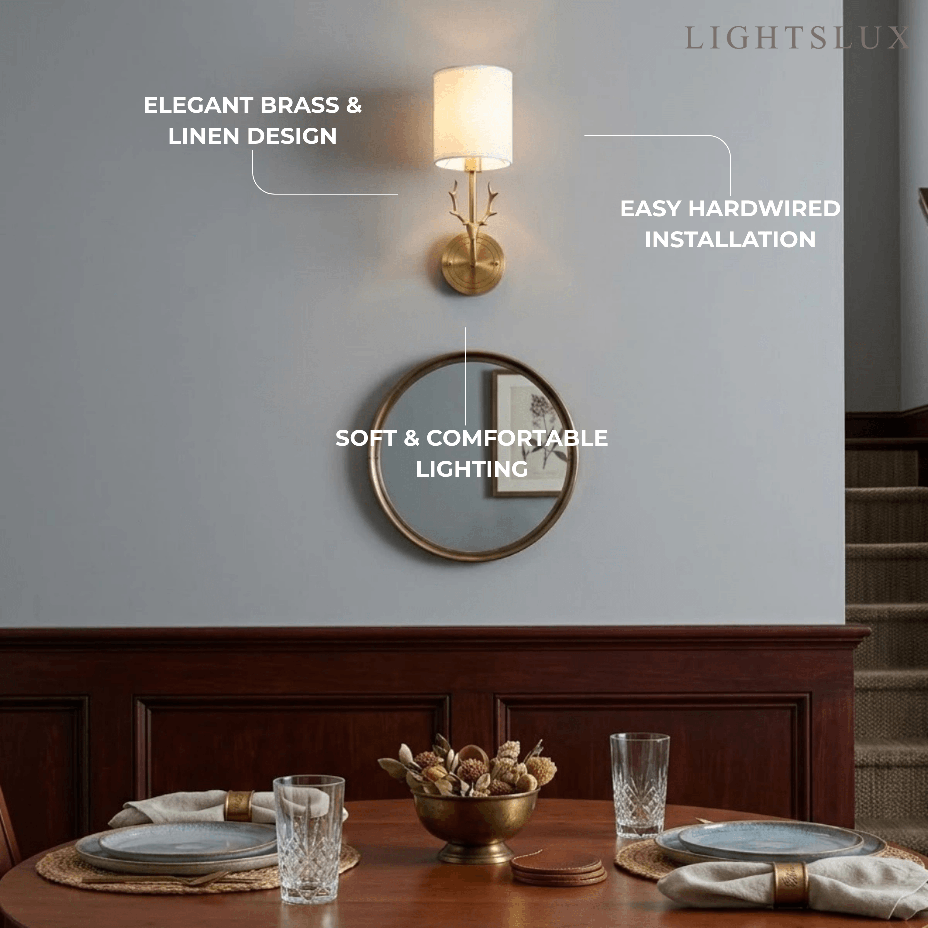 Art Deco Wall Lamp with Linen Shade – Brass/Black for Living Room/Bedroom - Flindria
