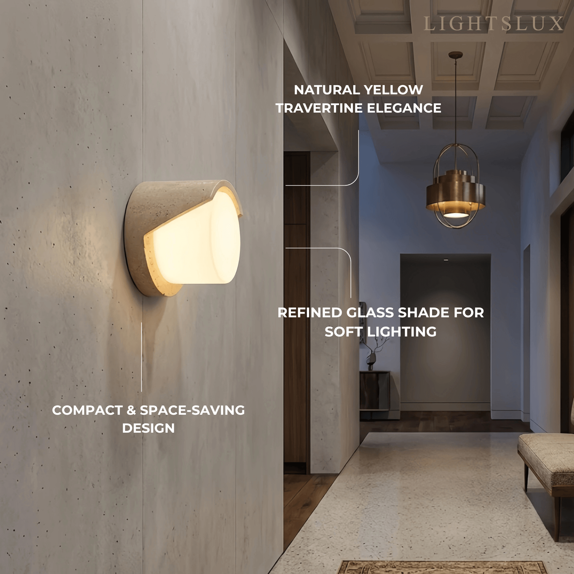 Modern Wall Lamp — Yellow Travertine & Glass White for Indoor - Flindria