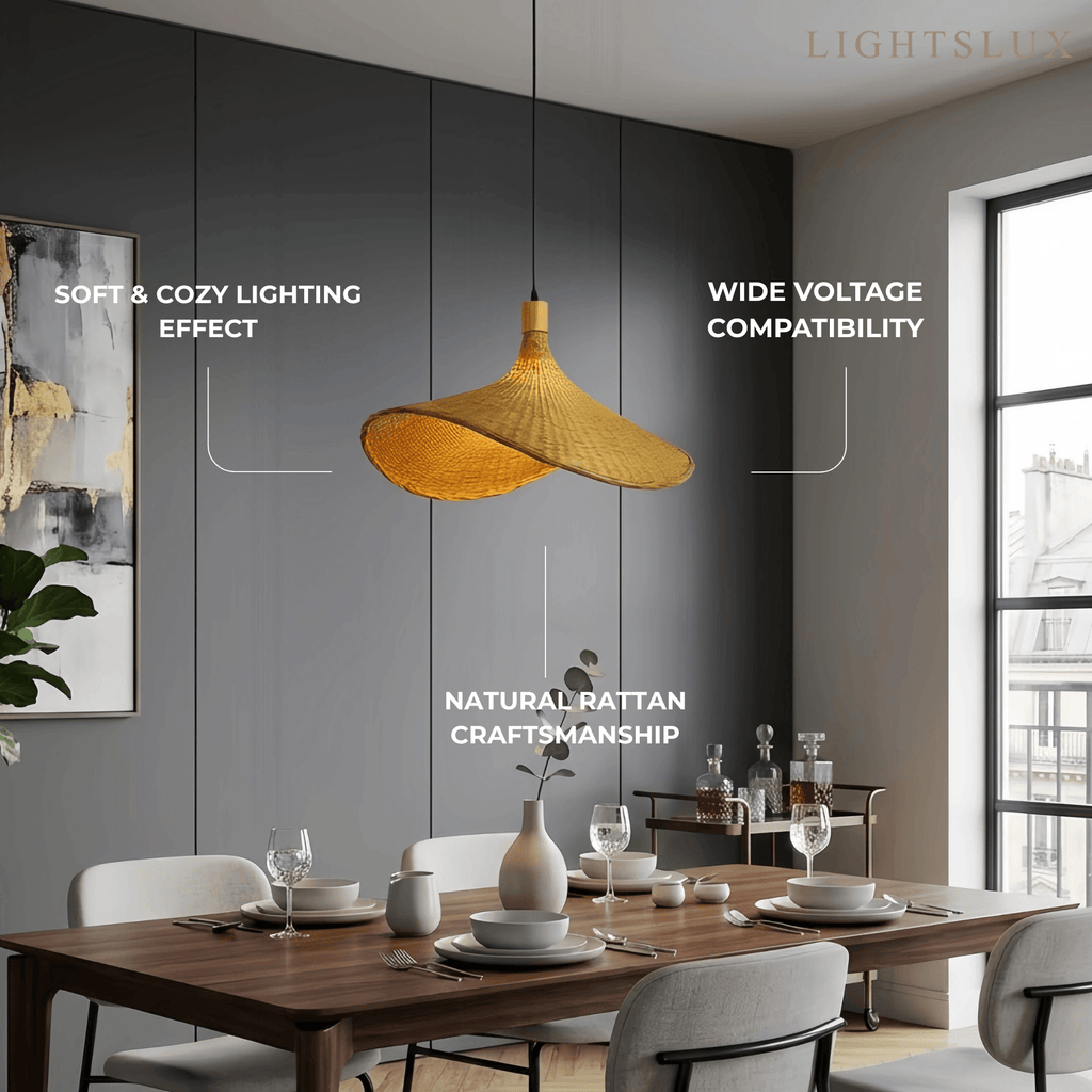 ヴィンテージラタンペンダントライト – ダイニングルーム用ナチュラルメタル - Flindria