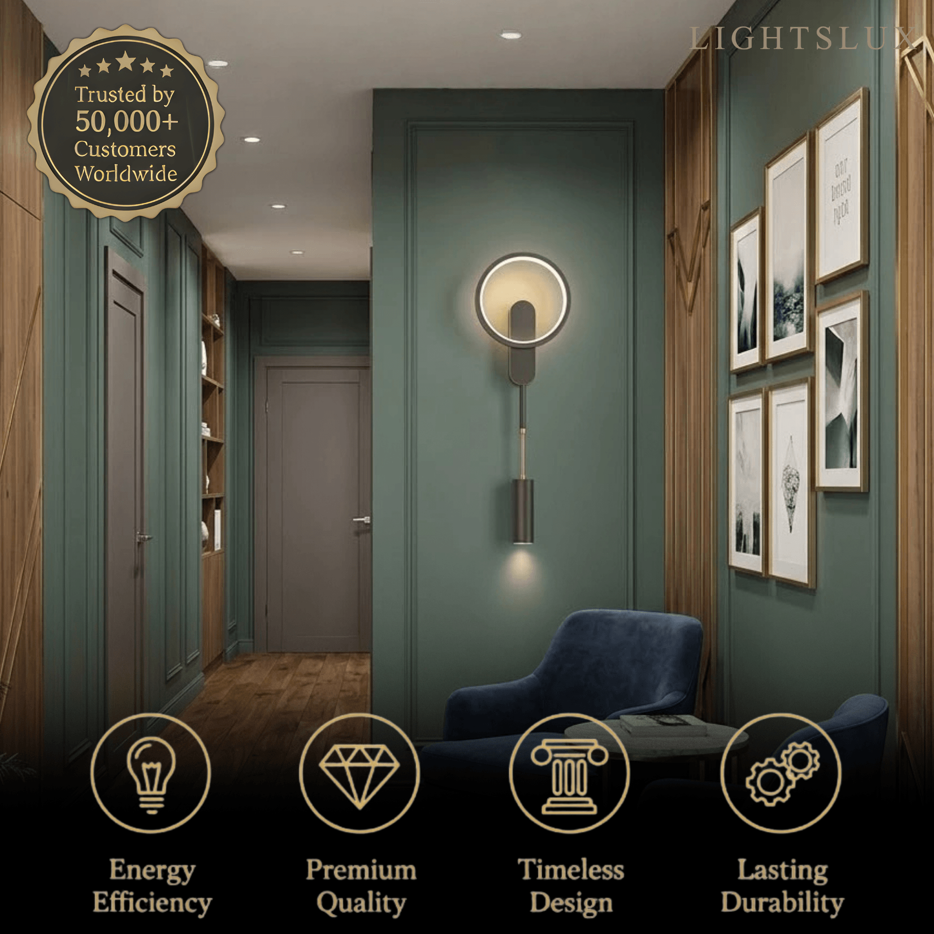 Minimalist Wall Lamp -- Brass Ring Gold/Black for Bedroom Living Room Study - Flindria