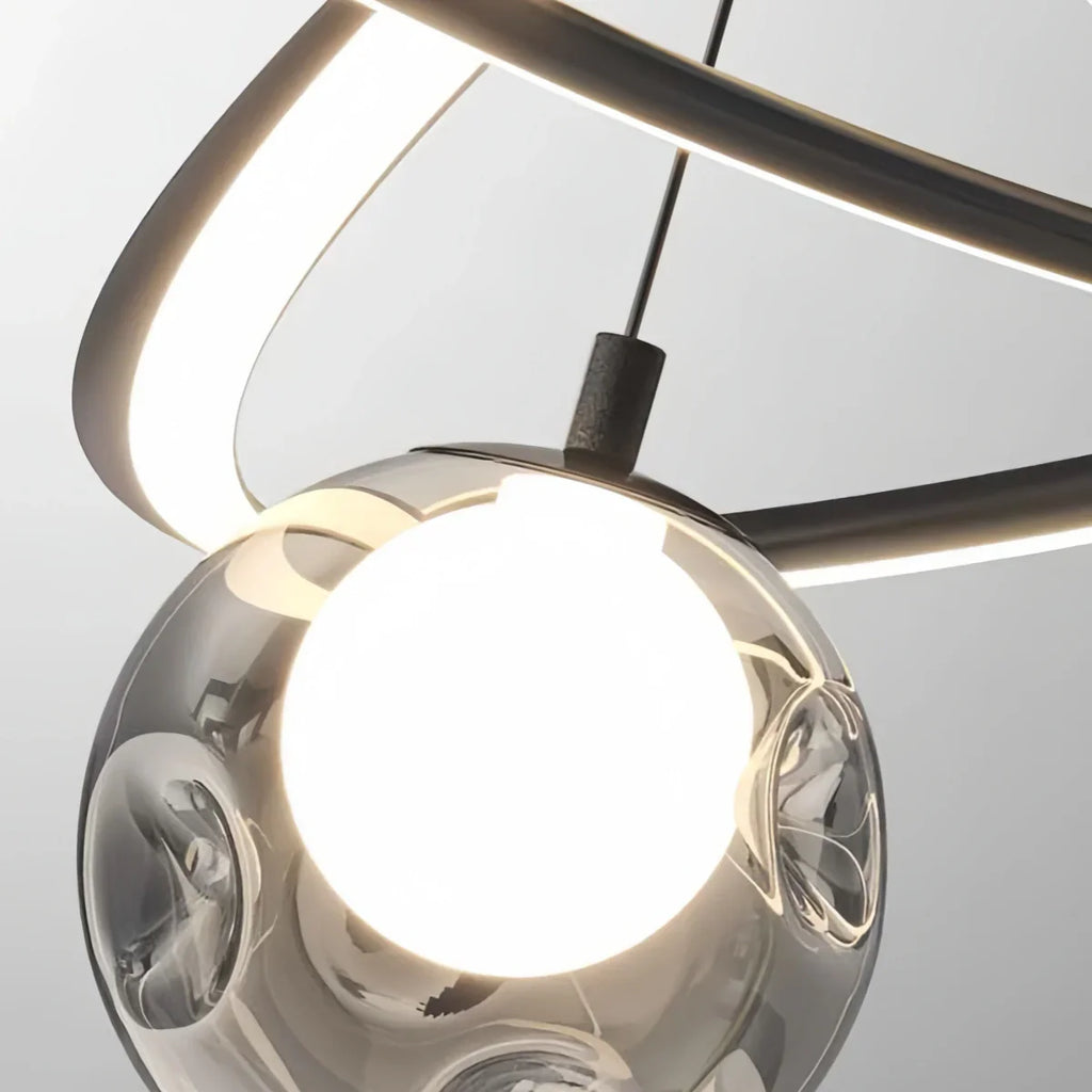 Lámpara de araña minimalista de anillo — acero al carbono y vidrio con globos gris humo para sala - Flindria