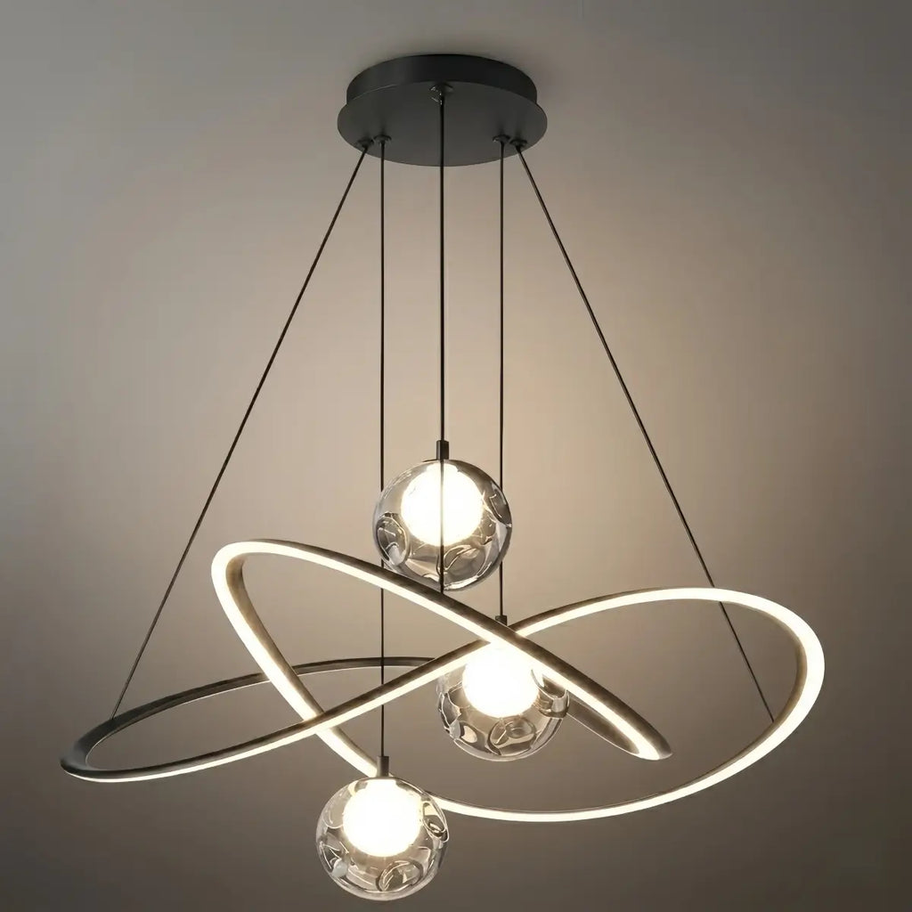 Lámpara de araña minimalista de anillo — acero al carbono y vidrio con globos gris humo para sala - Flindria