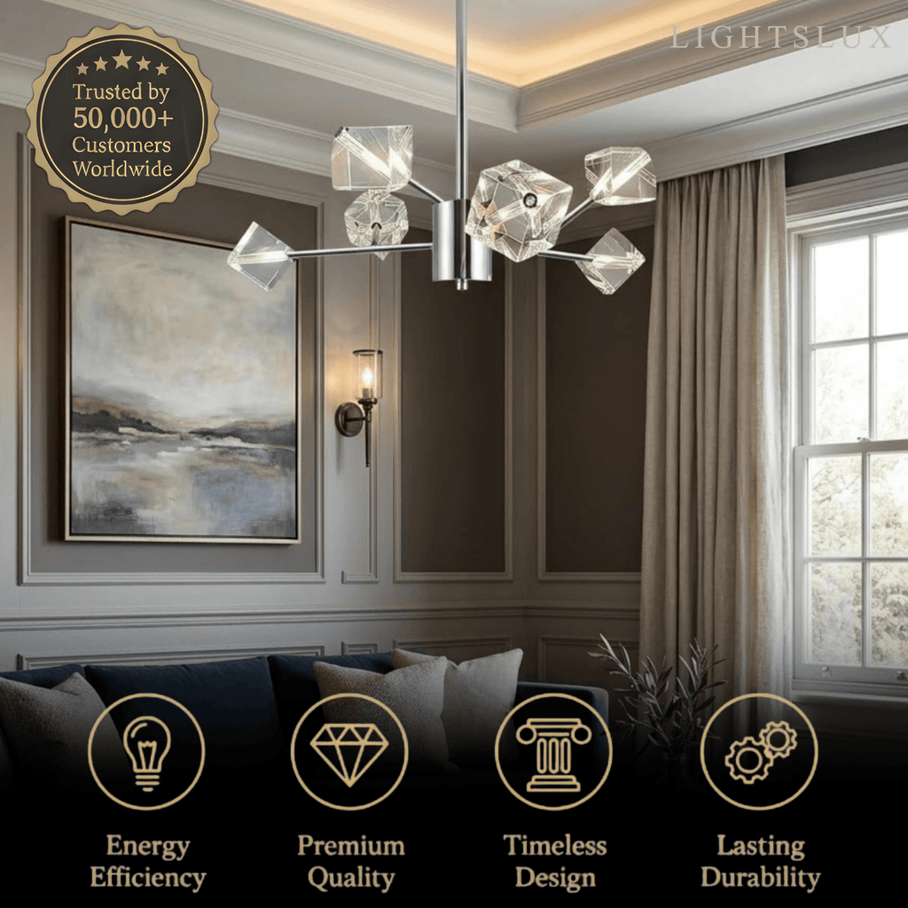 Modern Sputnik Chandelier – Crystal Cube Chrome for Living Room / Dining Room - Flindria