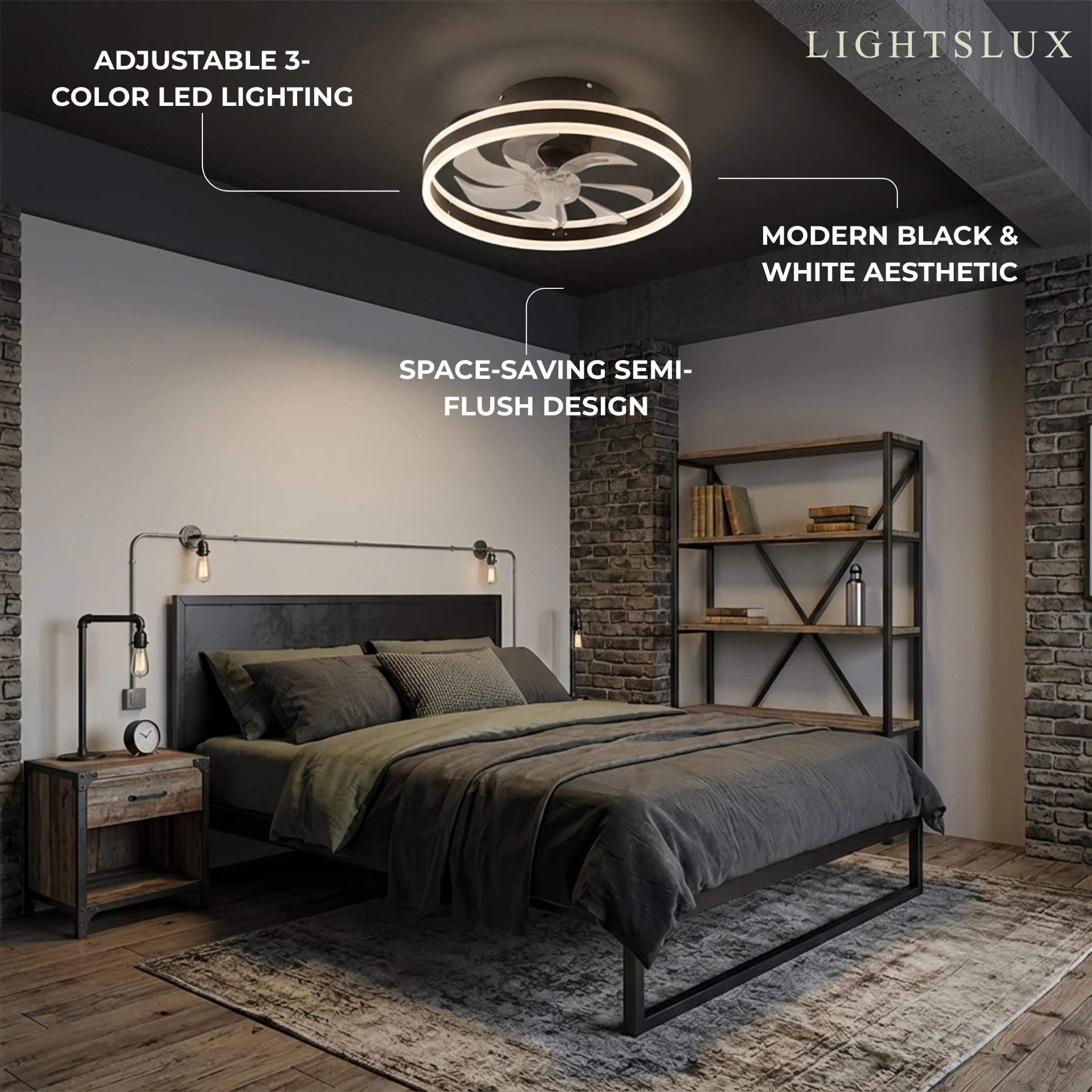 Modern Semi-Flush Ceiling Fan with Light -- Silent Black & White Iron ABS for Bedroom - Flindria