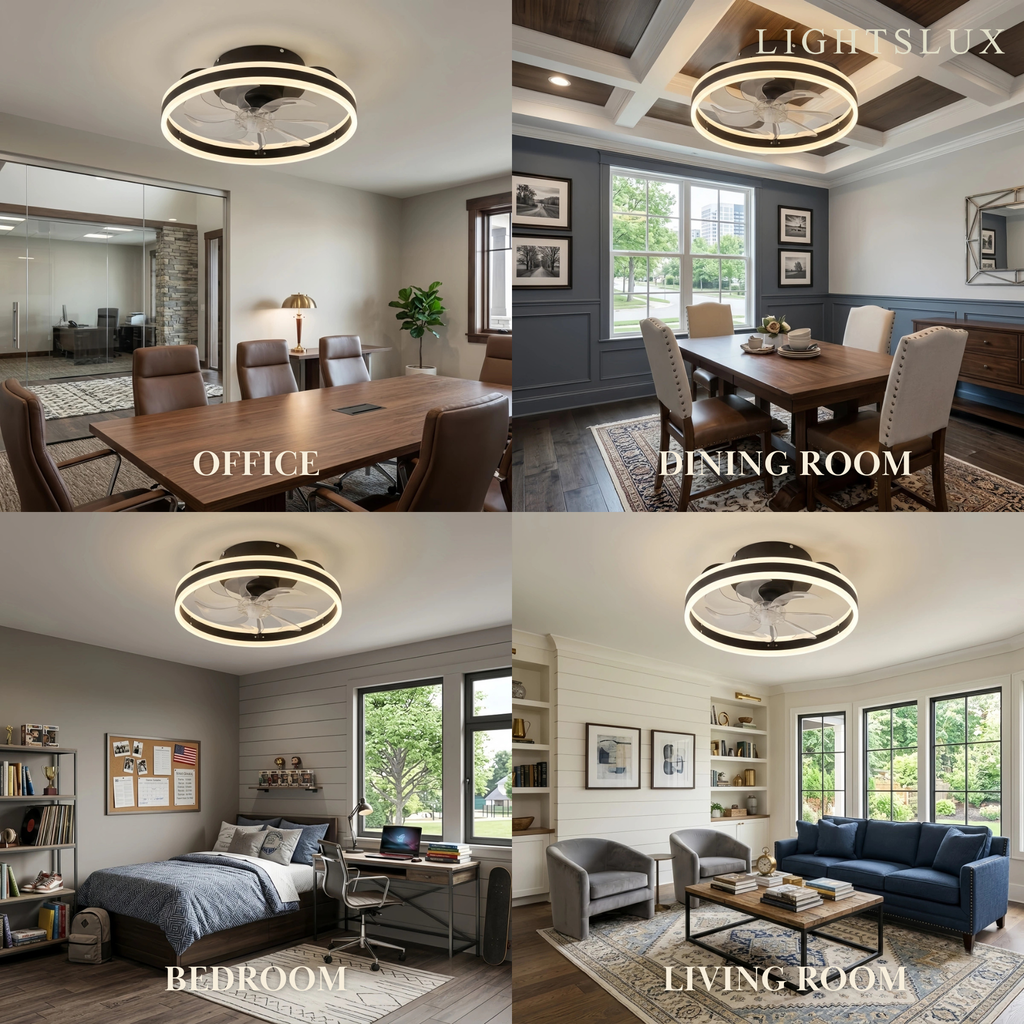 Modern Semi-Flush Ceiling Fan with Light -- Silent Black & White Iron ABS for Bedroom - Flindria