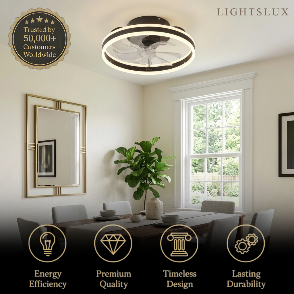 Modern Semi-Flush Ceiling Fan with Light -- Silent Black & White Iron ABS for Bedroom - Flindria