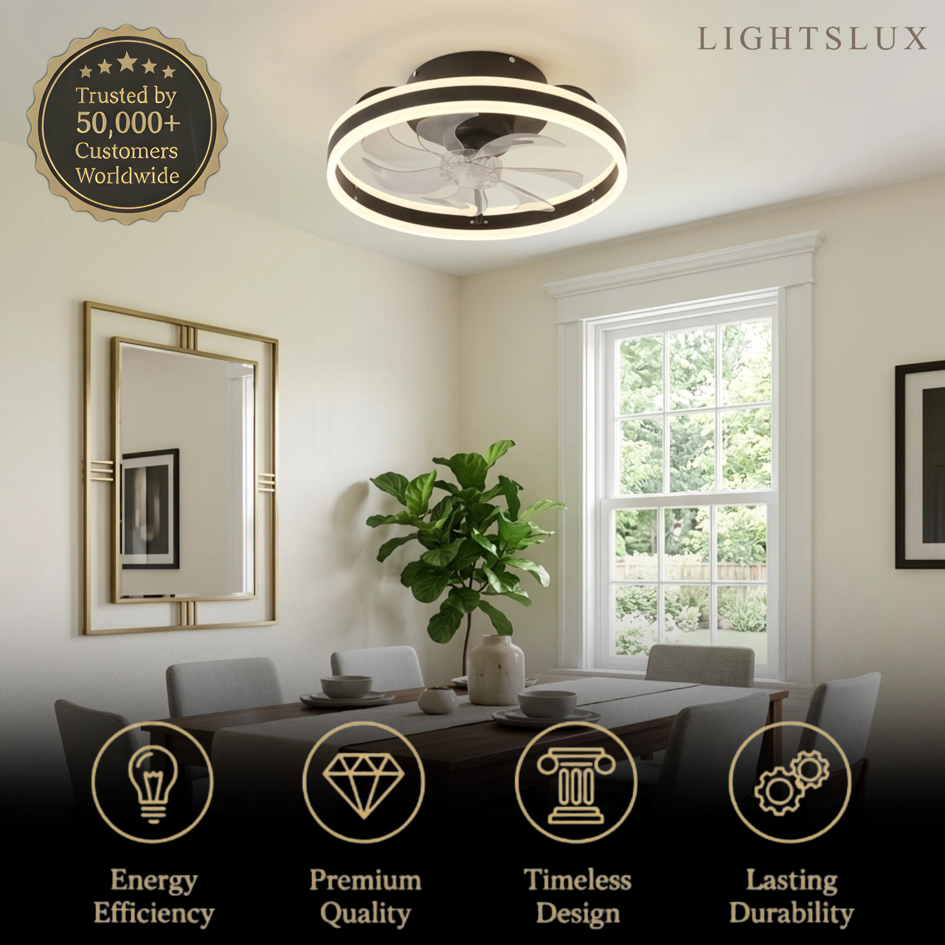 Modern Semi-Flush Ceiling Fan with Light -- Silent Black & White Iron ABS for Bedroom - Flindria